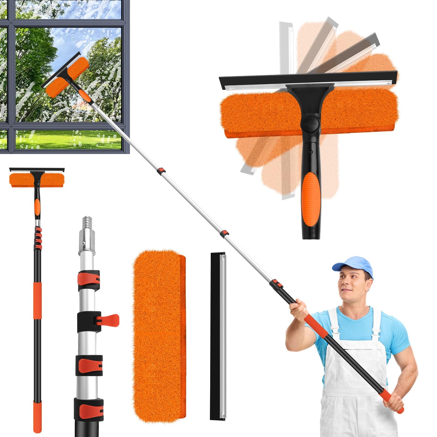 26FT High Window Cleaning Kit with Pole, 2 in 1 Window Squeegee for Window Cleaning,5-20FT Professional Window Cleaning Kit with Pole,180°Rotatable Squeegee for Indoor/Outdoor High Windows,Home,Car