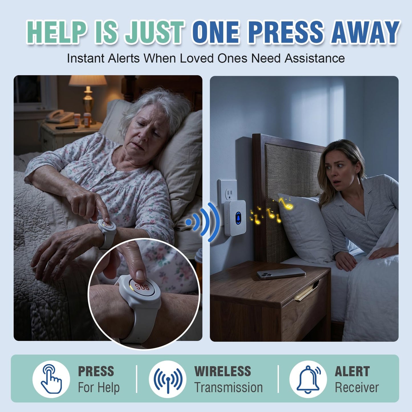 Daytech Wireless Wrist Pager Caregiver Call Button in Home System Watch Alarm Nurse Personal Help Alert for Patients Elderly 1 Watch Call Button 2 plugin Receiver