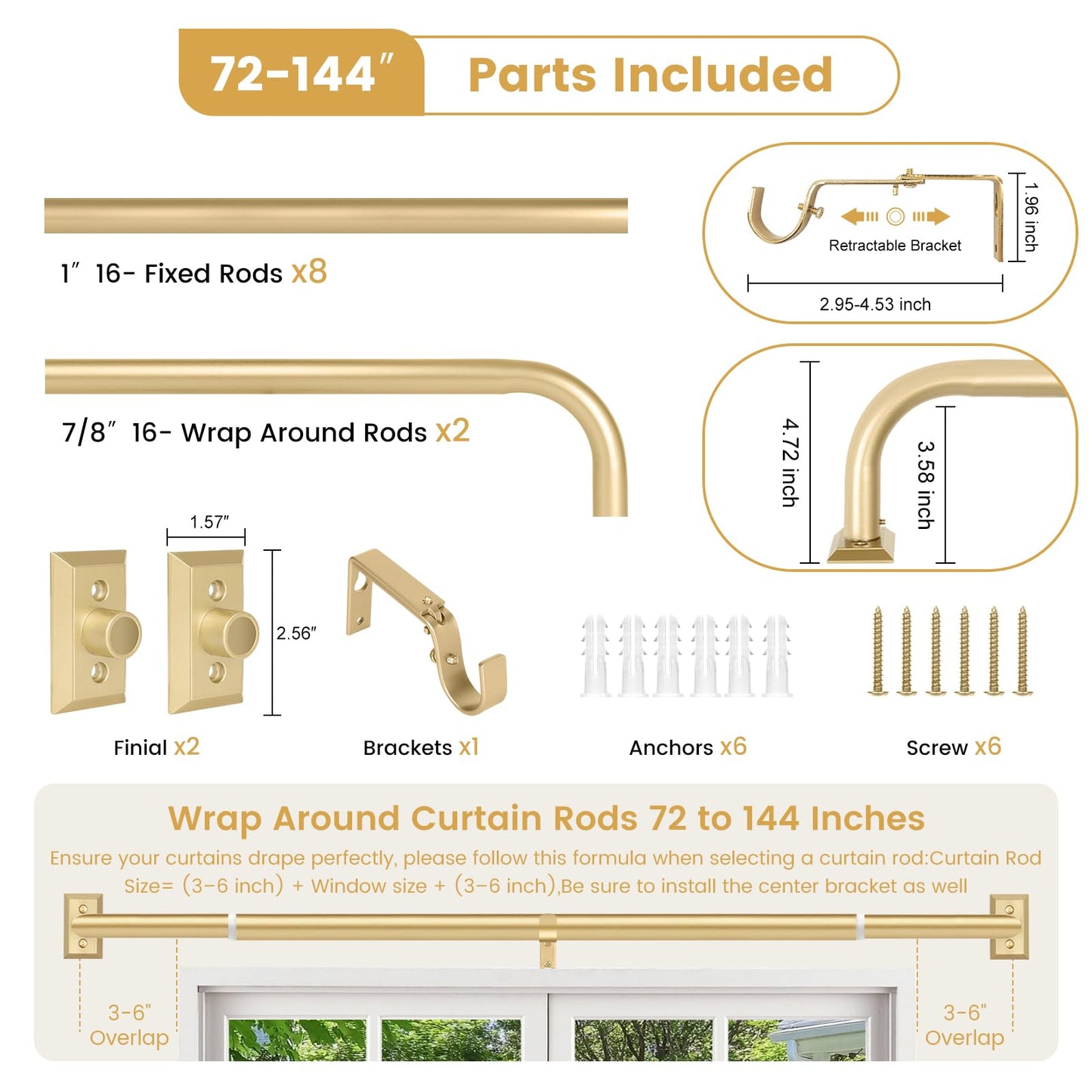 TANGWIN Gold Wrap Around Curtain Rods 72 to 144":Blackout Heavy Duty Adjustable Long Window Curtain Rod Room Darkening,Modern Industrial Curved French Return Metal Drapery Rods Easy Install,Brass Gold