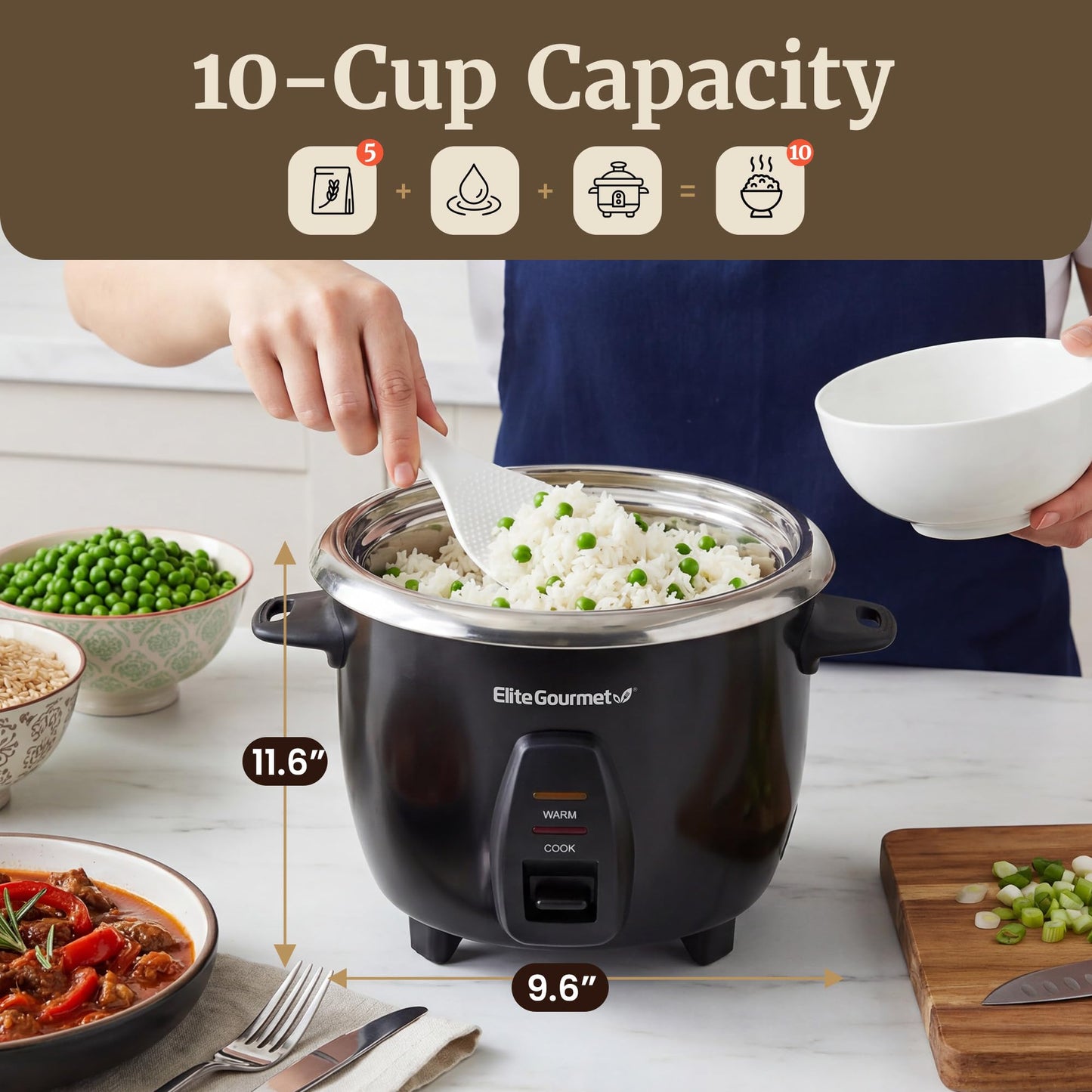 Elite Gourmet ERC2001BX 10-Cup Electric Rice Cooker with 304 Surgical Grade Stainless Steel Inner Pot, Makes Soups, Stews, Porridges, Grains and Cereals