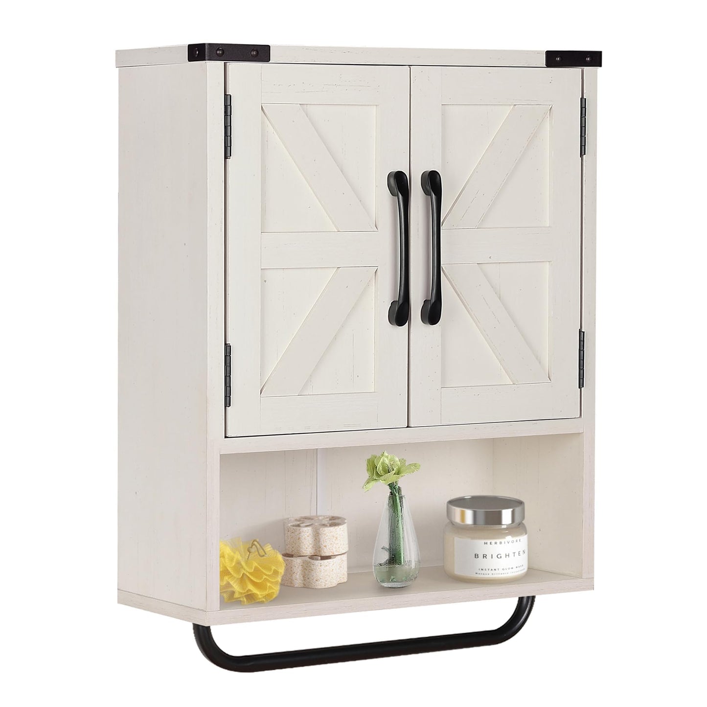 RUSTOWN Farmhouse Wall Storage Cabinet with Two Barn Door, Rustic Mounted Medicine Cabinet with Adjustable Shelf and Towel Bar, 3-Tier Wood Cabinet for Kitchen, Bathroom, Living Room (Washed Oak)