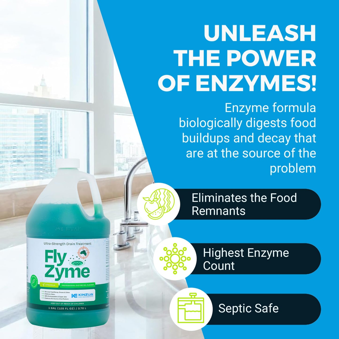 Fly-Zyme, Highly Concentrated Enzyme Drain Cleaner for Pipes & Fruit Flies, Citronella Scented Organic Waste Degrader & Odor Neutralizer, 1 Gallon