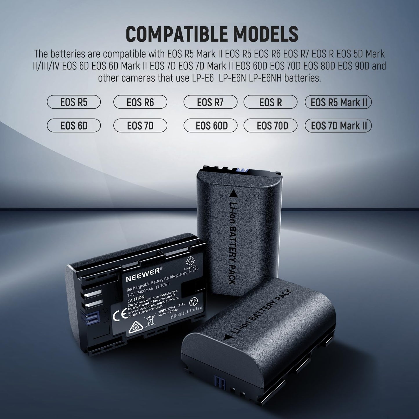 NEEWER 3 Pack 2400mAh LP-E6P/LP-E6NH/LP-E6N Replacement Battery & USB Triple Charger, Compatible with Canon EOS R5 Mark II EOS R5 EOS R6 EOS R7 EOS R 5D II III IV 6D 6D II 7D 7D II 60D 70D 80D 90D