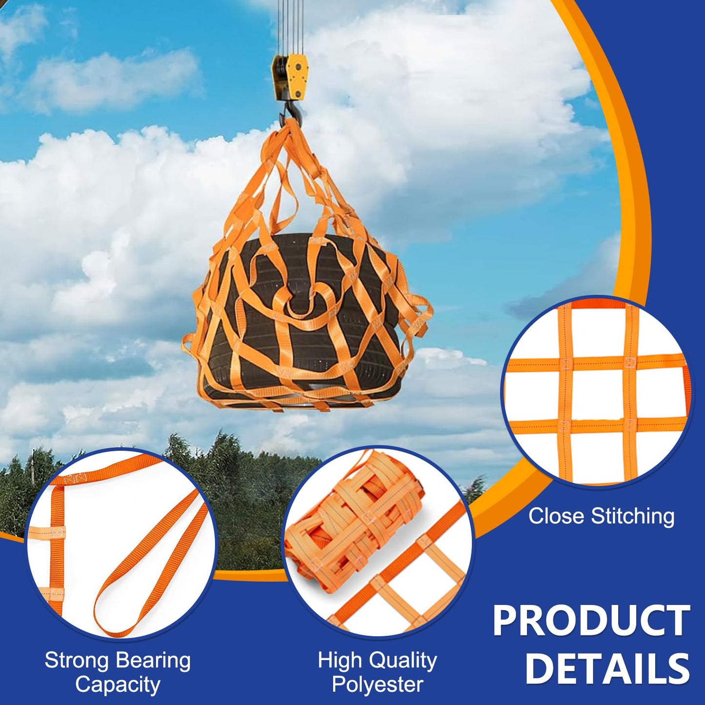 Safety Lifting Net Straps, Flat Nylon Sling Hoisting Net, 6.6' x 6.6'ft Cargo Lifting Nets, Lifting nets and Unloading Heavy Objects(Load:7800lbs) Sling Hoisting Net for Construction Rigging Moving