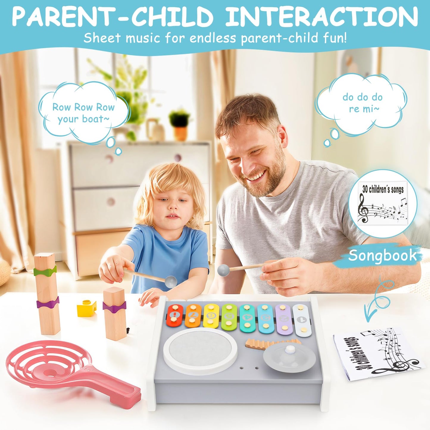 Kids Musical Instruments Piano Drum Set - 5 in 1 Montessori Toys for Toddler Baby, Wooden Music Kit with Piano Keyboard Xylophone, Preschool Educational Sensory Toys, Gifts for Boys Girls