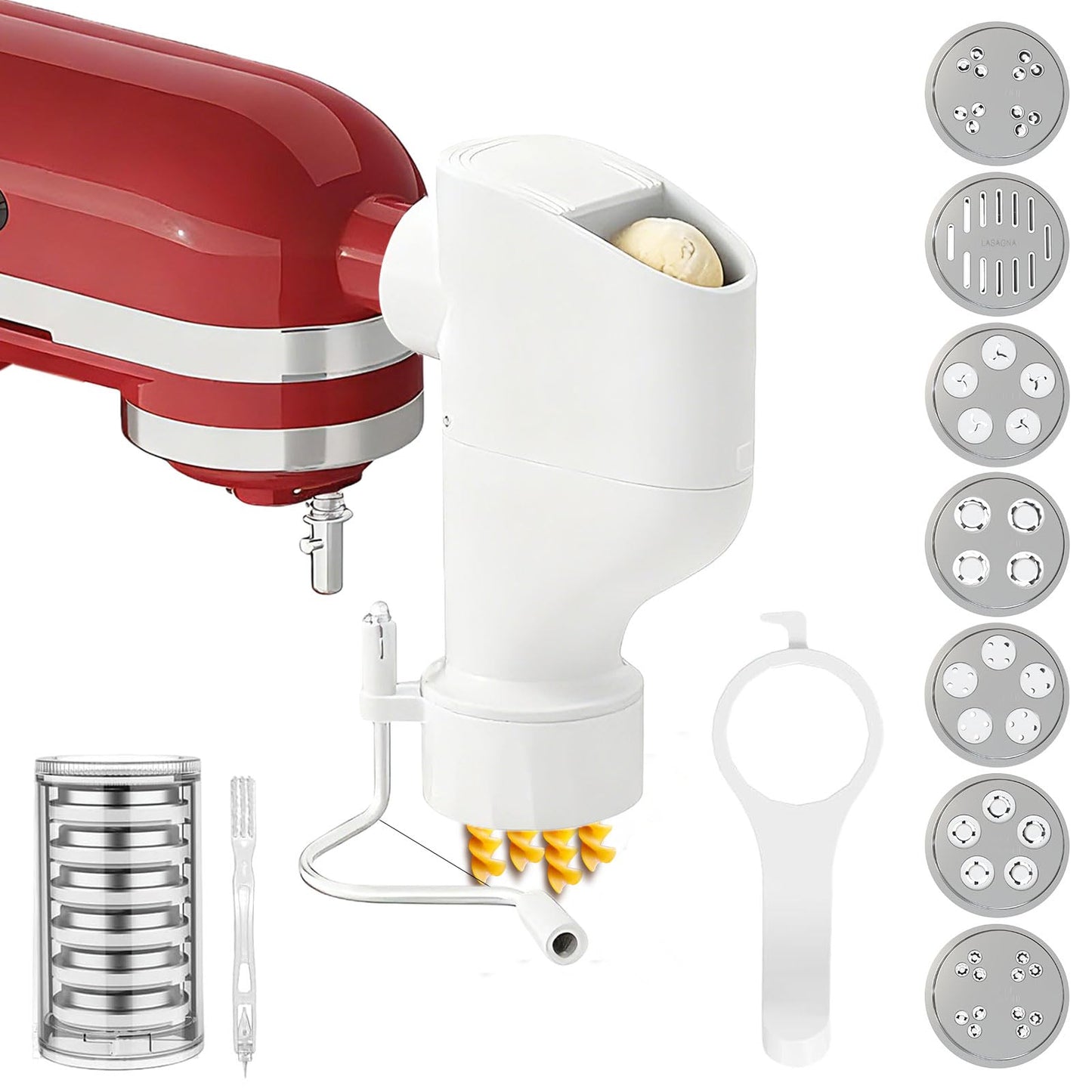 Gourmet Pasta Press Attachment for KitchenAid Stand Mixers, Pasta Maker Attachments with 7 Interchangeable Pasta Plates, Kitchen aid Pasta Attachment for Spaghetti Bucatini Fusilli l Macaroni
