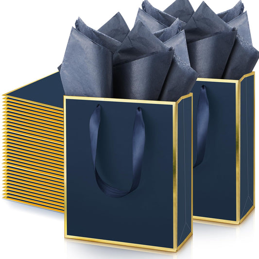 Yeaqee 50 Pack Metallic Gift Bags with Handle and Tissue Paper for Wedding Bridesmaid Groomsmen Baby Shower Holiday Thank You 5 Senses Gift Bag for Her Him Birthday 9 x 7 x 3. 15''(Navy Blue and Gold)