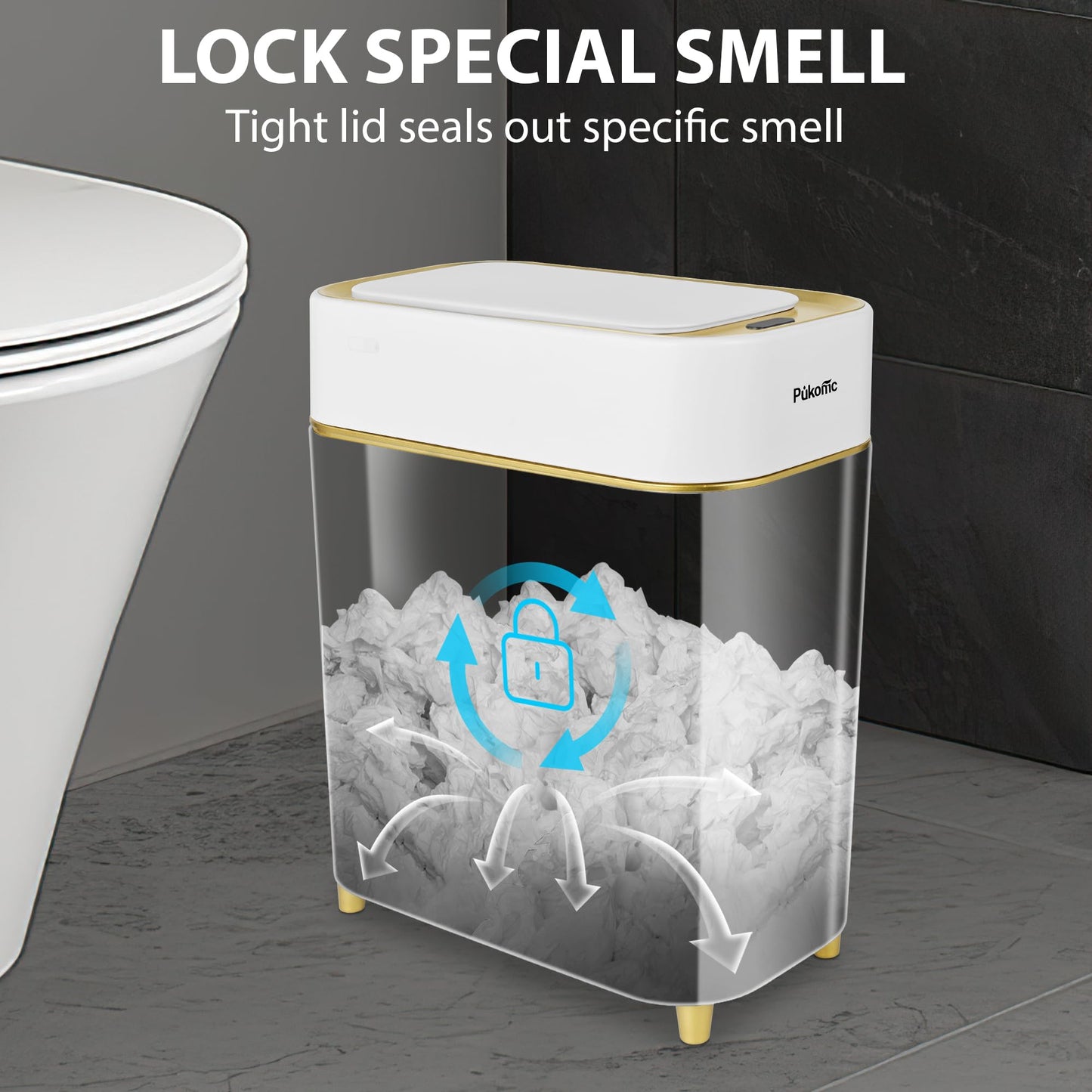 Pukomc 2.3 Gallon / 9L Automatic Adsorption Sensor Trash Can, White Gold Motion Sensor Garbage Bin with Vacuum Suction, Slim Fashionable Design for Kitchen, Bathroom, Office & Small Space