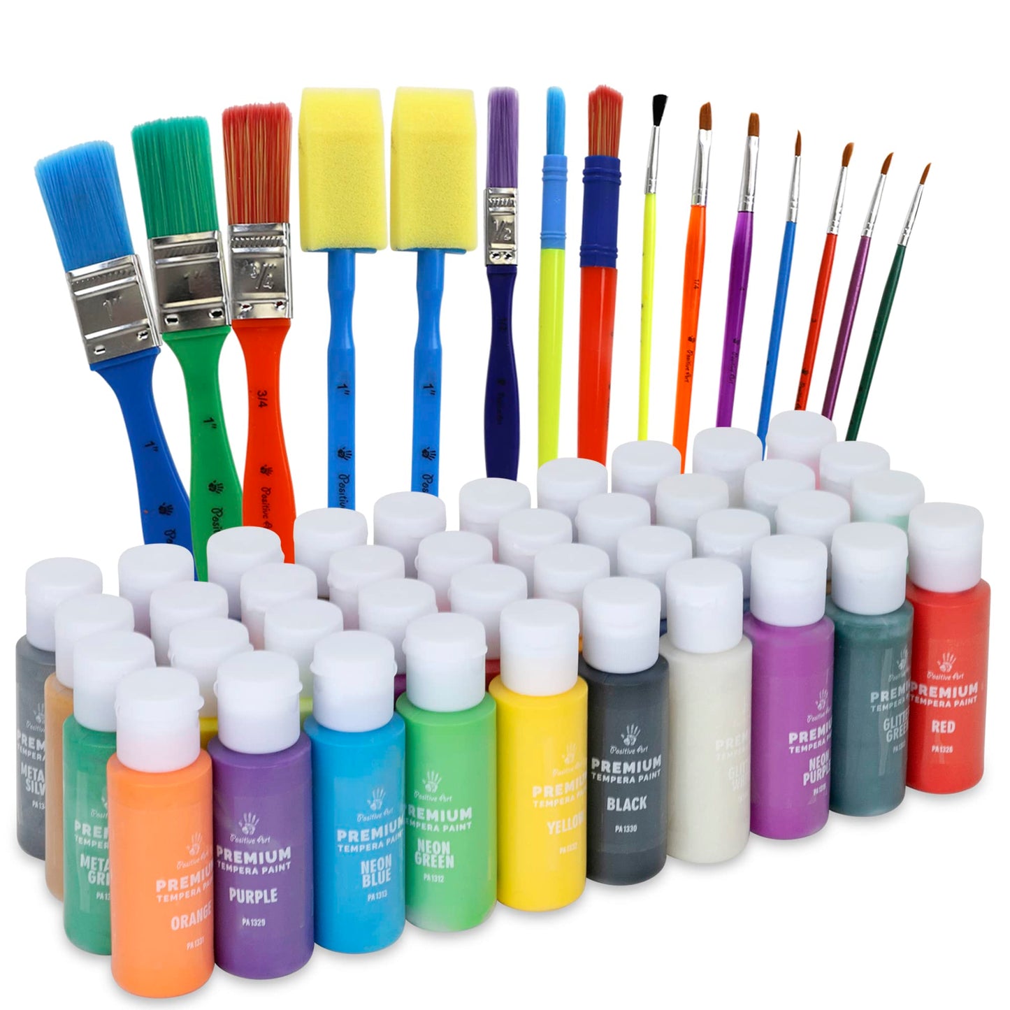 Kids Tempera Paint Set | Value Pack Includes 40 Washable Non-Toxic Colorful Paints (2oz bottles) & 15 Brushes | Metallic, Neon, Glow In The Dark, Glitter Paints | Hand, Finger Paints | Paint For Arts & Crafts, Fun Projects