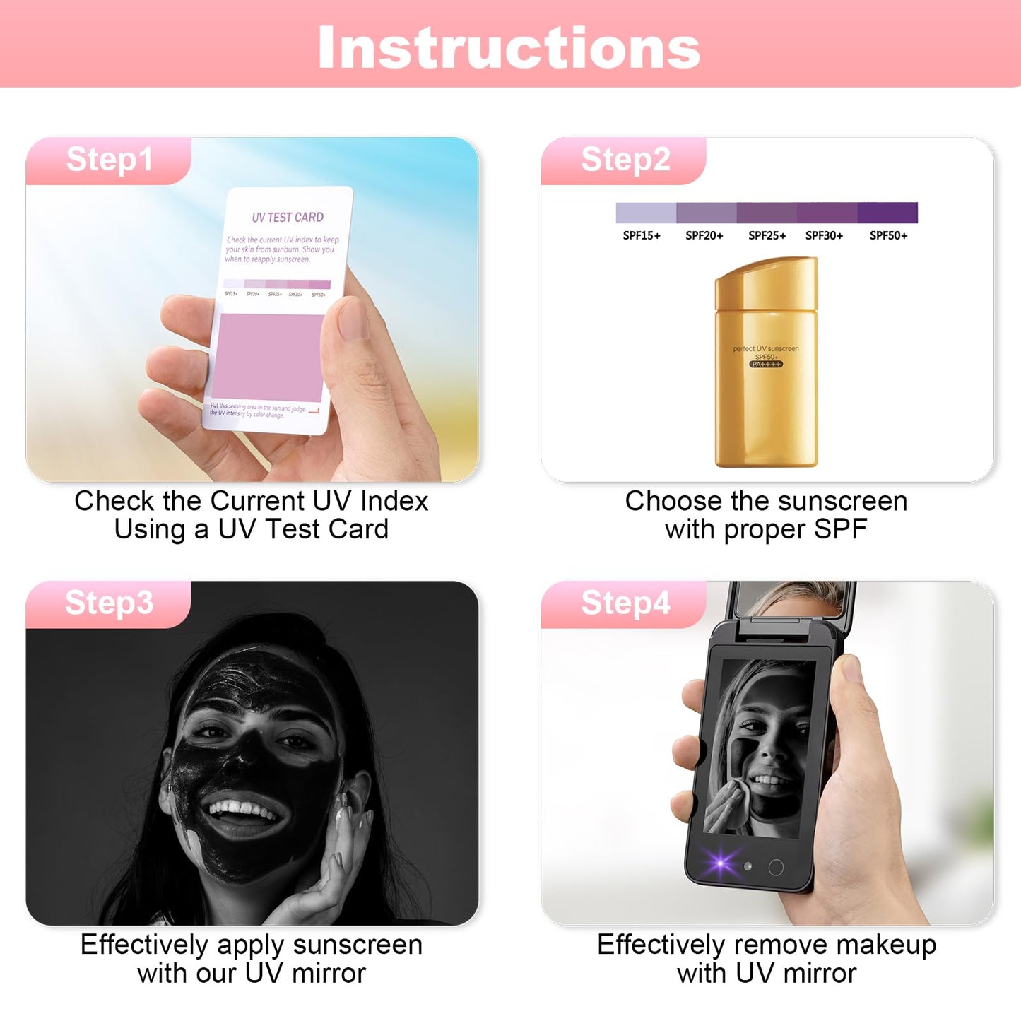Compact UV Mirror with UV Camera for Sunscreen Test, 4 Inch Rechargable Travel Mirror Handheld Double-Sided Pocket Mirror for Skin Protection