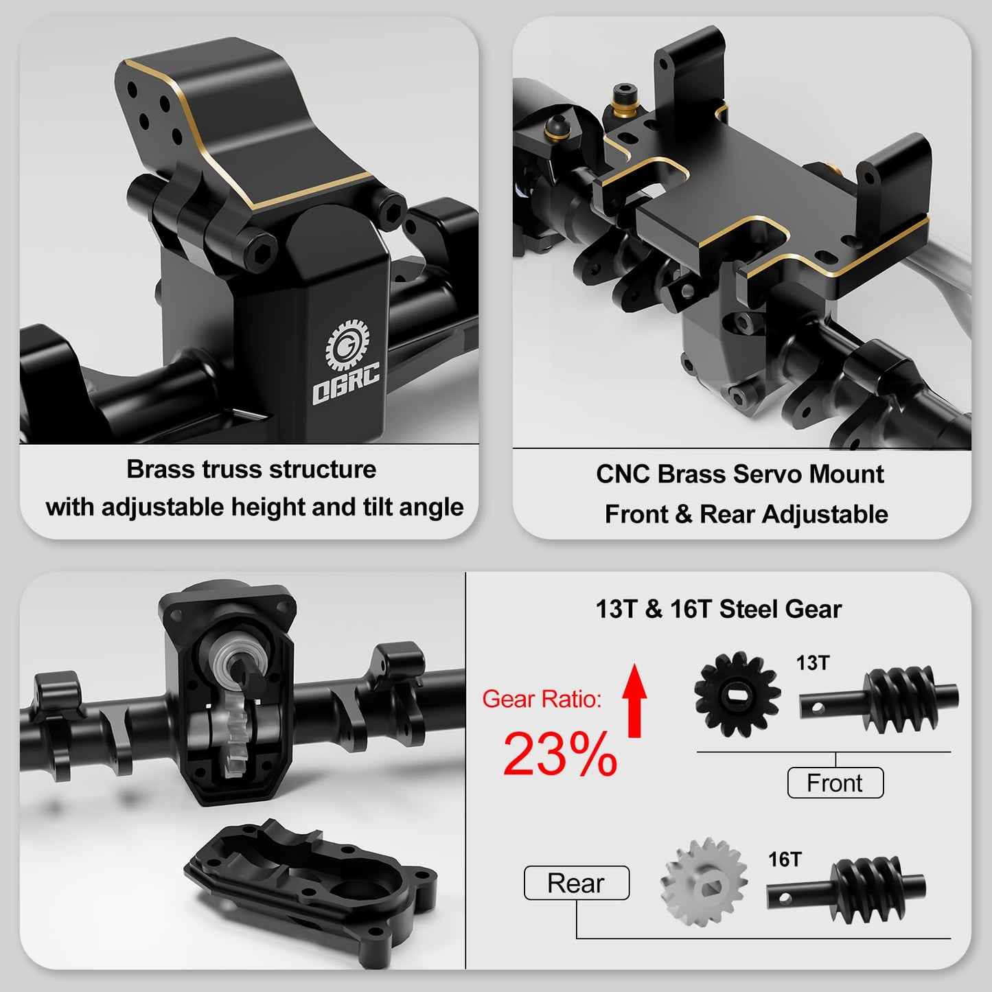 OGRC 1/24 +5mm Extended Axle Set with 50° Steering Angle, Brass Knuckles, Truss & Servo Mount, Compatible with Axial SCX24 Deadbolt C10 JLU Gladiator Bronco RC Crawler (Black)