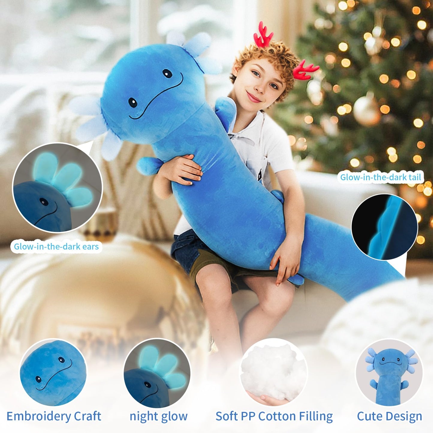 48 inch Giant Axolotl Plush Stuffed Animal, Big Blue Axolotl Glow in The Dark Fluorescent Plushies, Jumbo Salamander Body Pillow Gifts for Kids Adults, Birthday