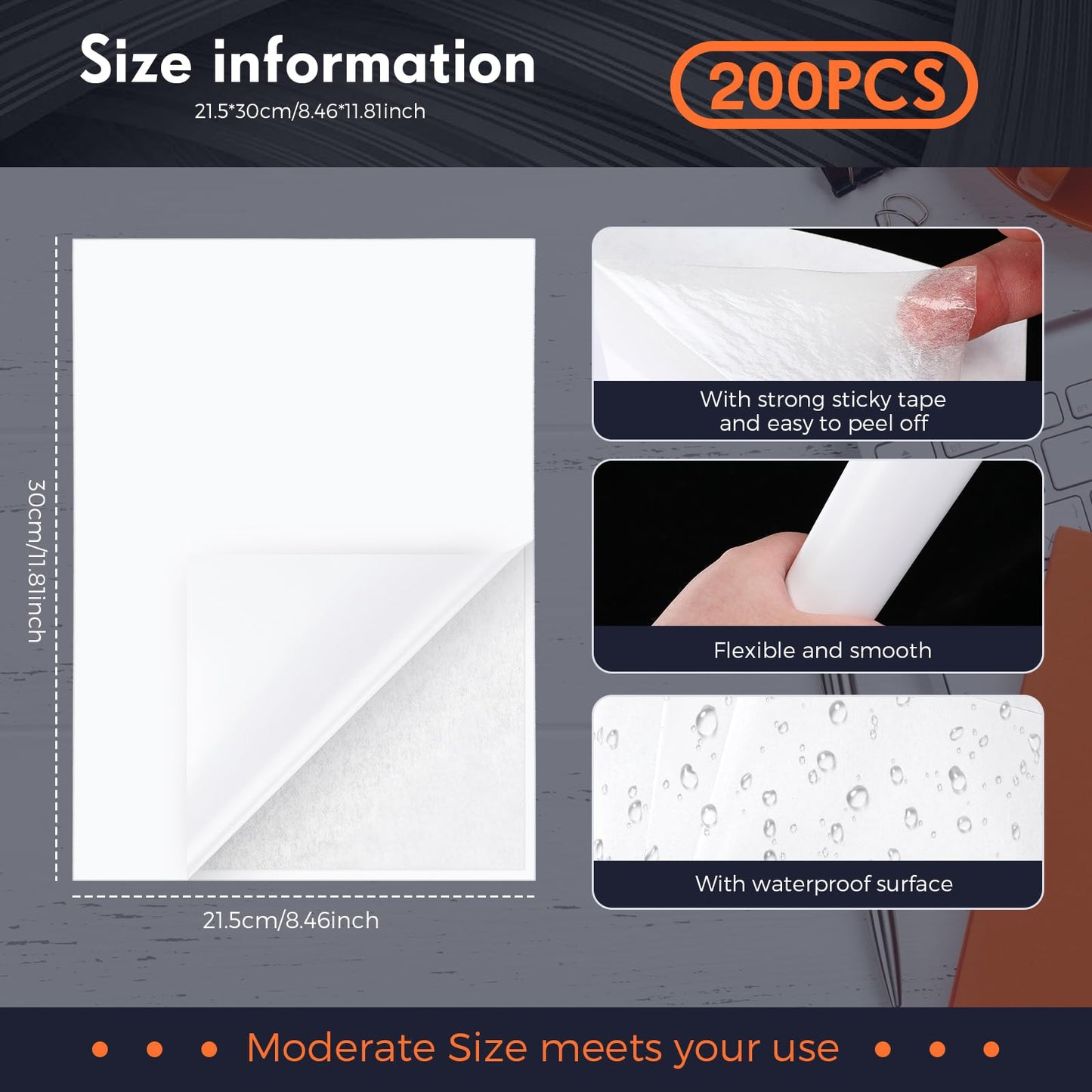 Nezyo 200 Pcs A4 Size 8.3x11.5 Inch Double Sided Adhesive Sheets White Double Sided Clear Sticky Strong Adhesive Photo Tape Sheets with White Liner for Craft Album DIY Arts Handbook Making Home Decor