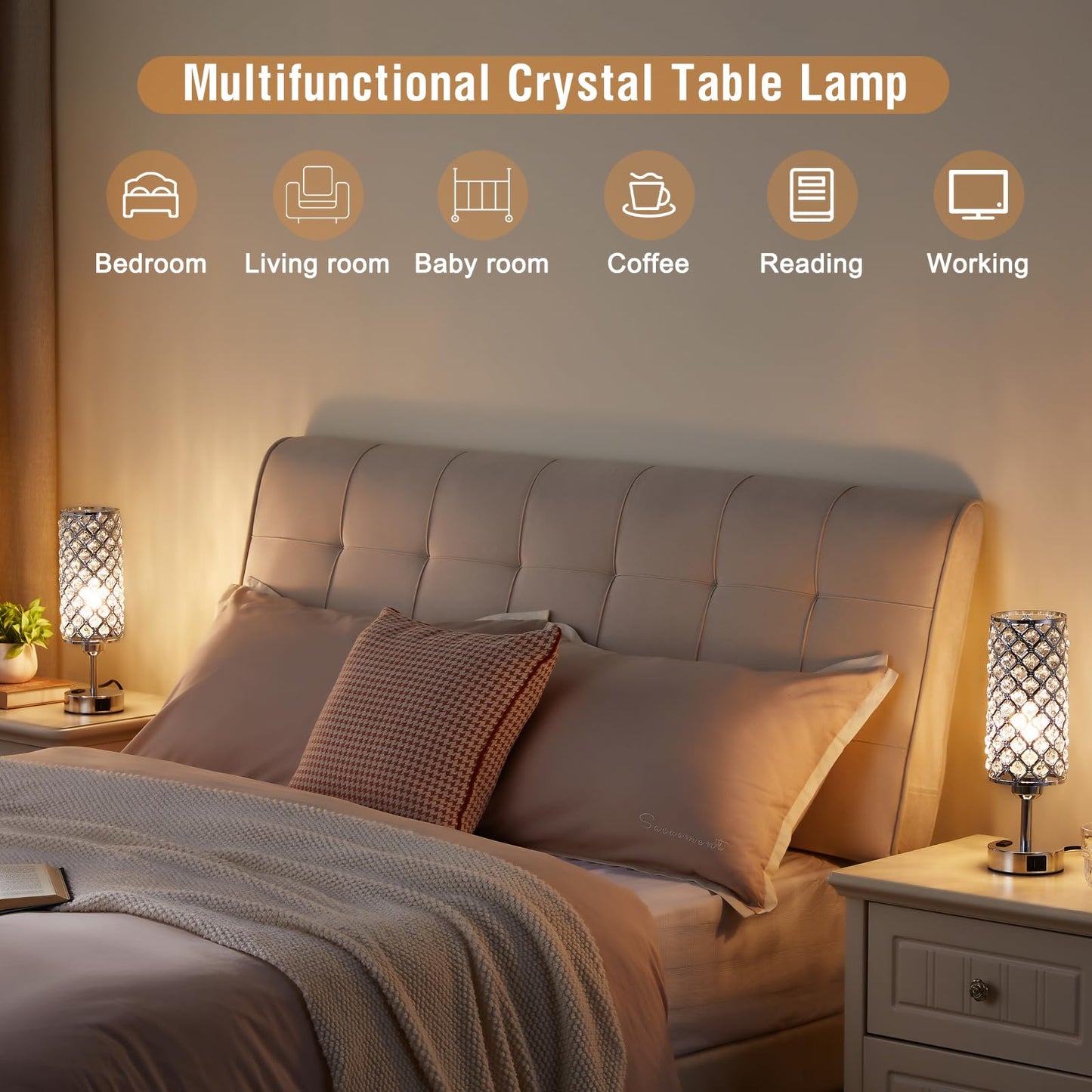 Crystal Lamp Touch Control Set of 2, Sliver Crystal Table Lamps with USB C+A Ports & AC Outlet, 3-Way Dimmable Nightstand Touch Lamp, Modern Bedside Table Lamp for Bedroom(Bulbs Included)