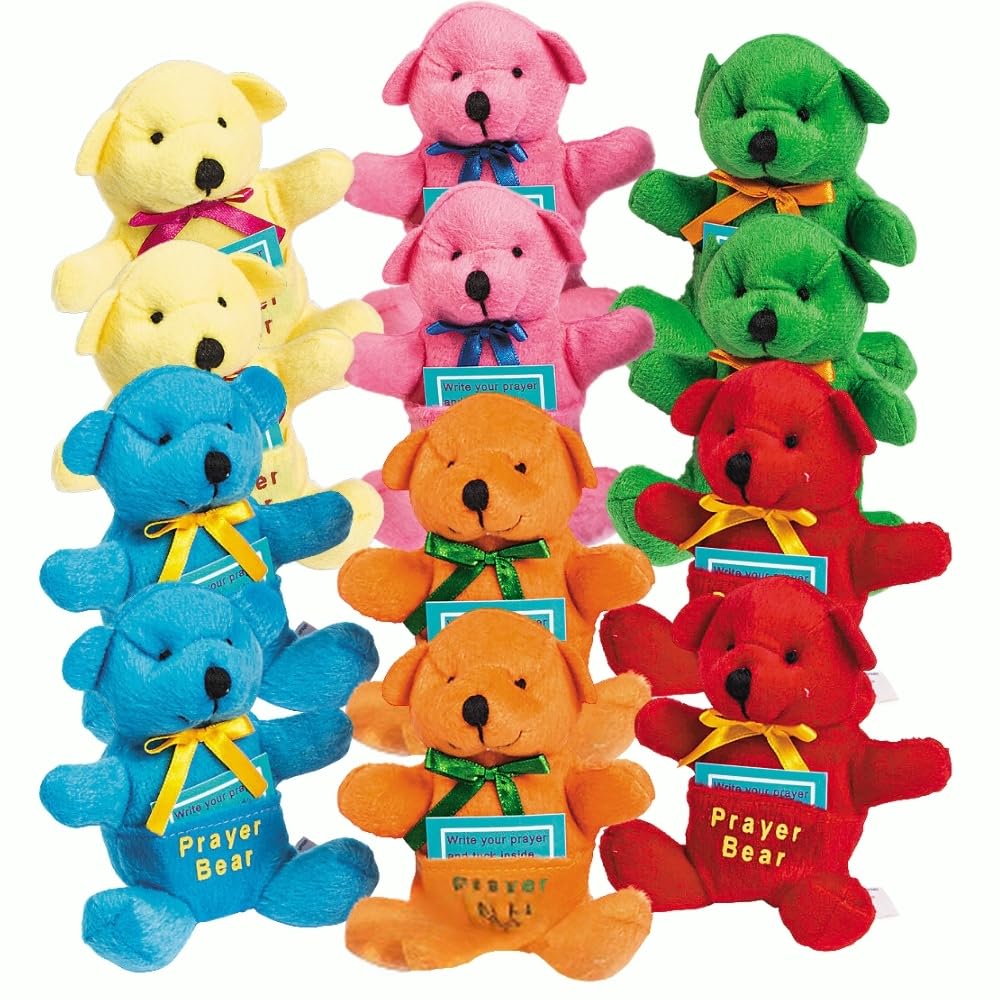 Fun Express Prayer Bear Christian Gifts for Kids - 12 Pack Small Teddy Bears with Prayer Cards | Religious Toys for Sunday School, VBS & Easter Party Favors | Plush Stuffed Animals for Boys & Girls