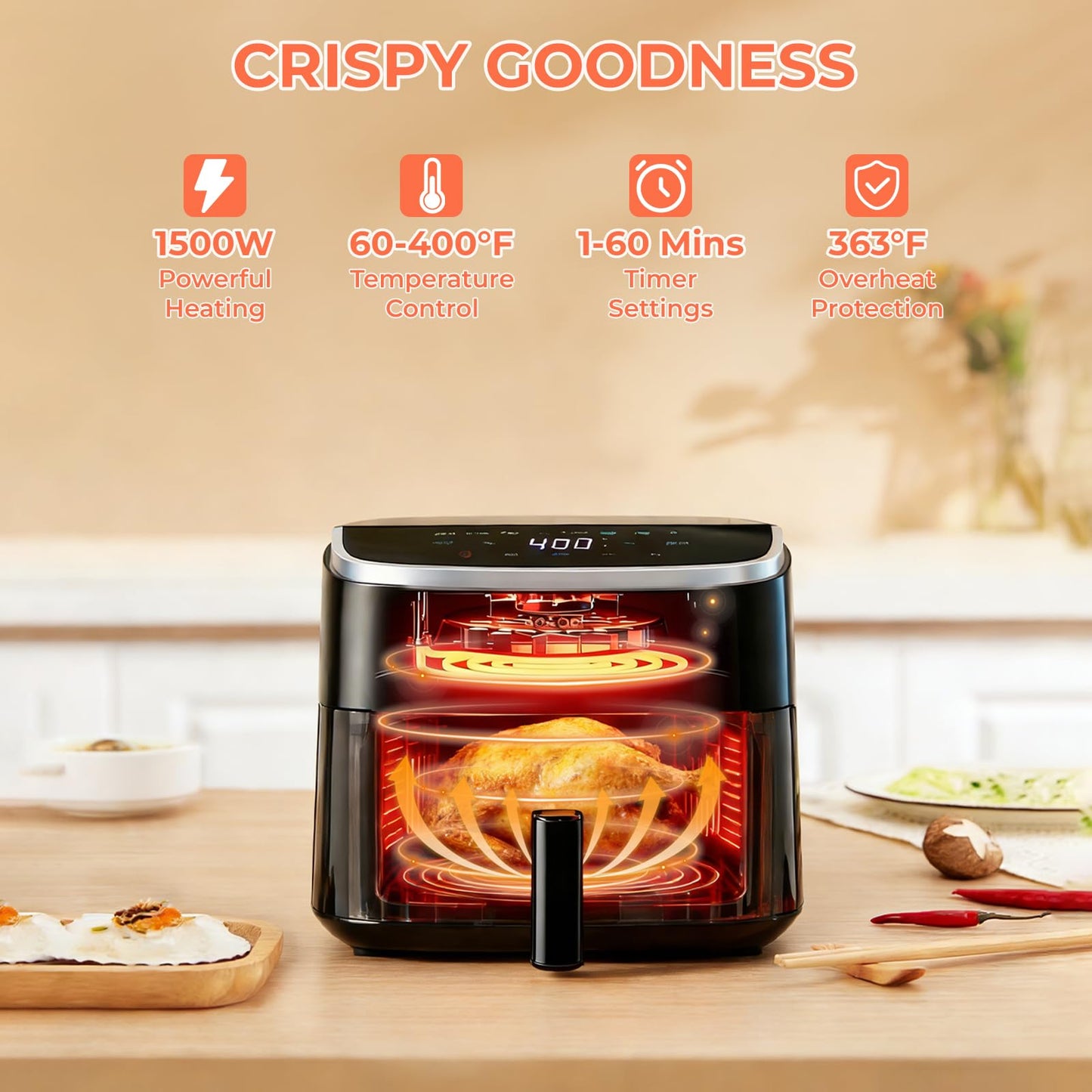 NEWBULIG Air Fryer，4QT Small AirFryer with Easy View Window and Interior Light, Digital Touchscreen with 8 Presets for Custom Cooking, Nonstick and Dishwasher Safe Basket, Grey