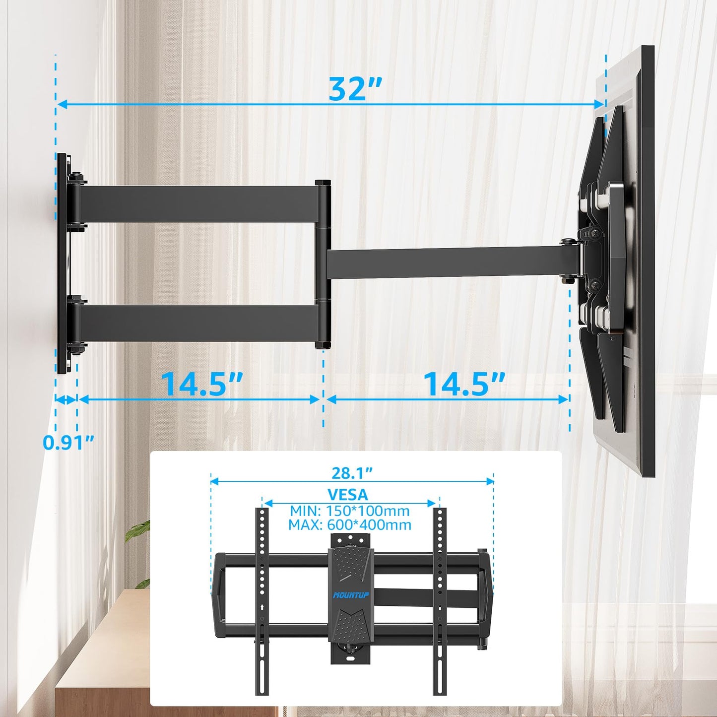 MOUNTUP Corner TV Wall Mount for Most 42-75 Inch TVs with 32” Long Extension, Long Arm TV Mount, Full Motion TVs Mount Swivel Articulating Mounts, MAX VESA 600x400mm, Holds up to 99 lbs
