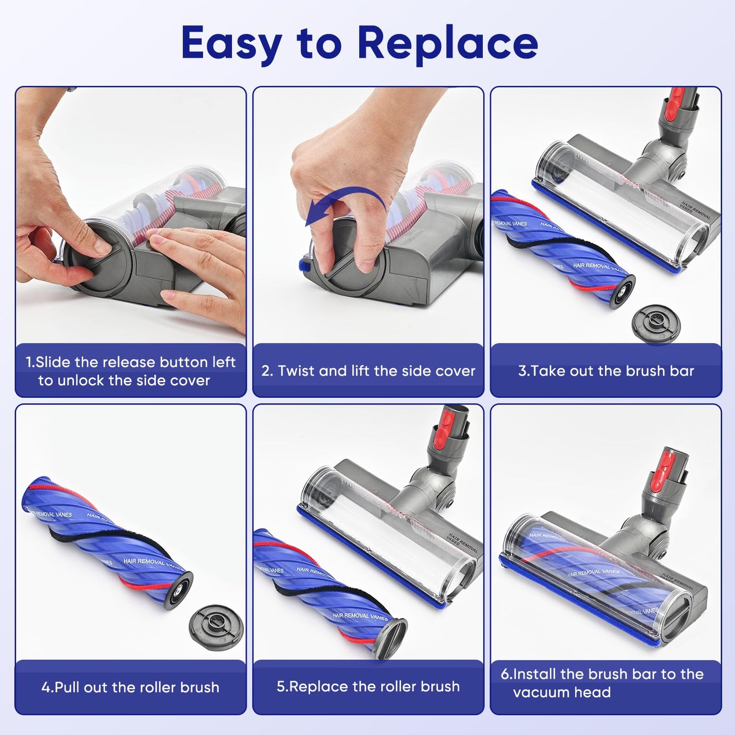 Upgrade Anti-Tangle Vacuum Attachments Head Replacement Parts for Dyson V7 V8, Cyclone V10,V11,V15 Cordless Vacuum Cleaner, Quick Release Motor-Head Brush Roller, for Carpets and Hardwood Floors
