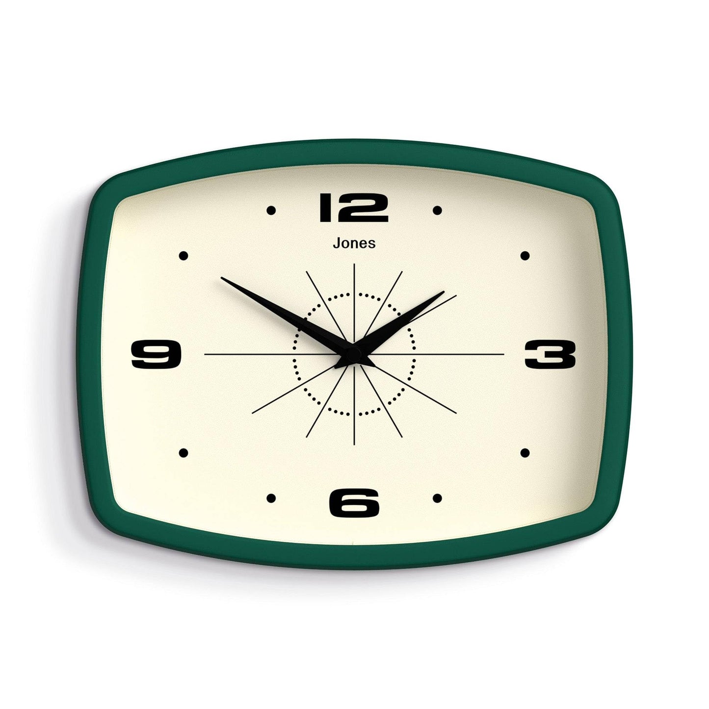 JONES CLOCKS® Movie wall Clock | Retro Rectangular Clock | 10 inch | Dark Green | Cool mid-Century Designer Look for Kitchen, Living Room or Office