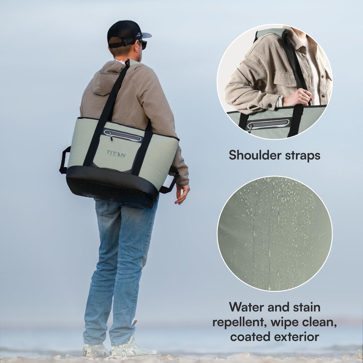 Titan by Arctic Zone Soft Sided Cooler Tote, Insulated Bag with Handle, Shoulder Strap, and Zipper for Lunch, Picnic, and Travel, 30 Can Capacity, Seagrass