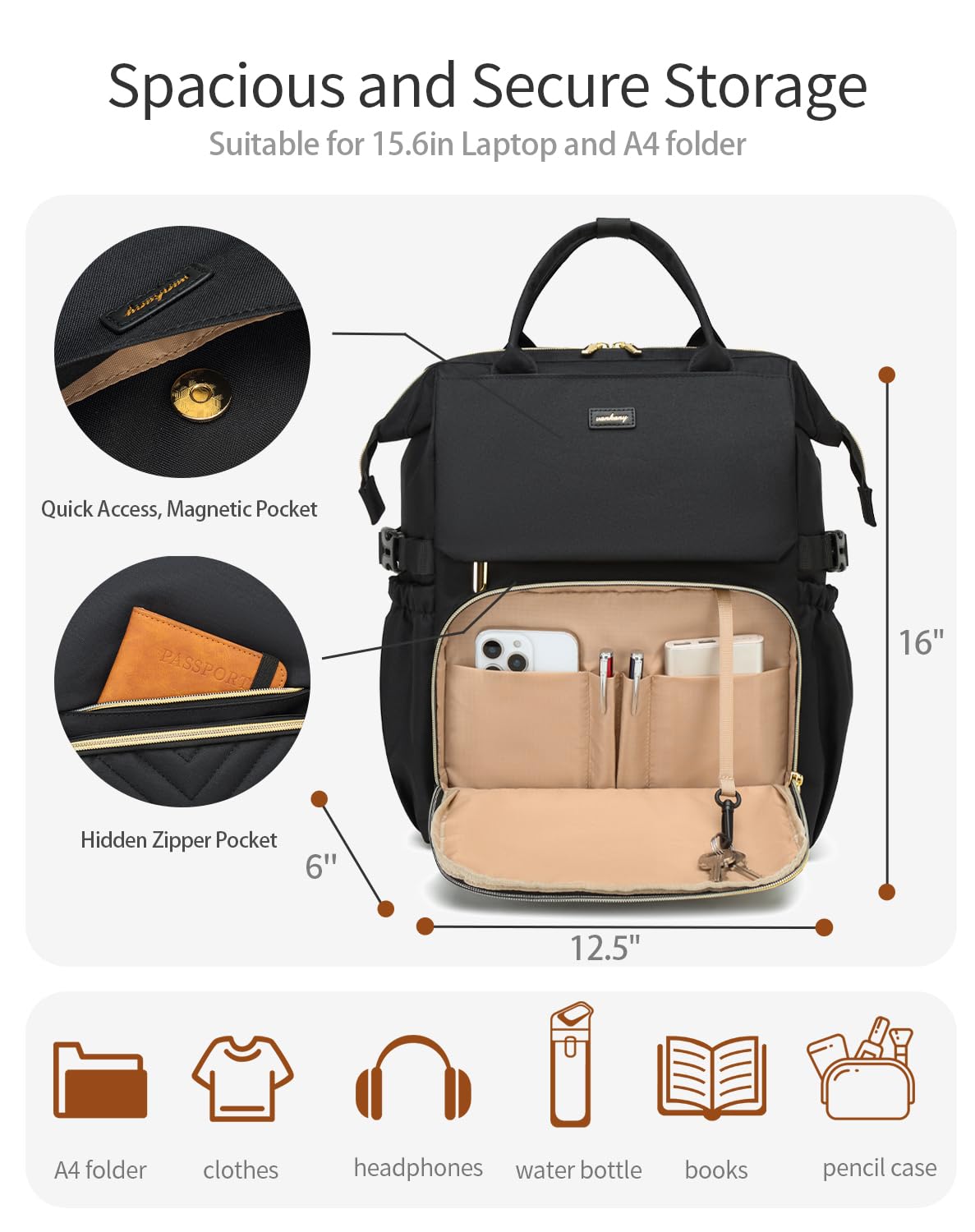 VANKANY Laptop Backpack for Women, College Bookbag School Backpack for High School Teen Girls, Work Bags with Cup Holder & USB Charger for Teacher Nurse Travel, Black