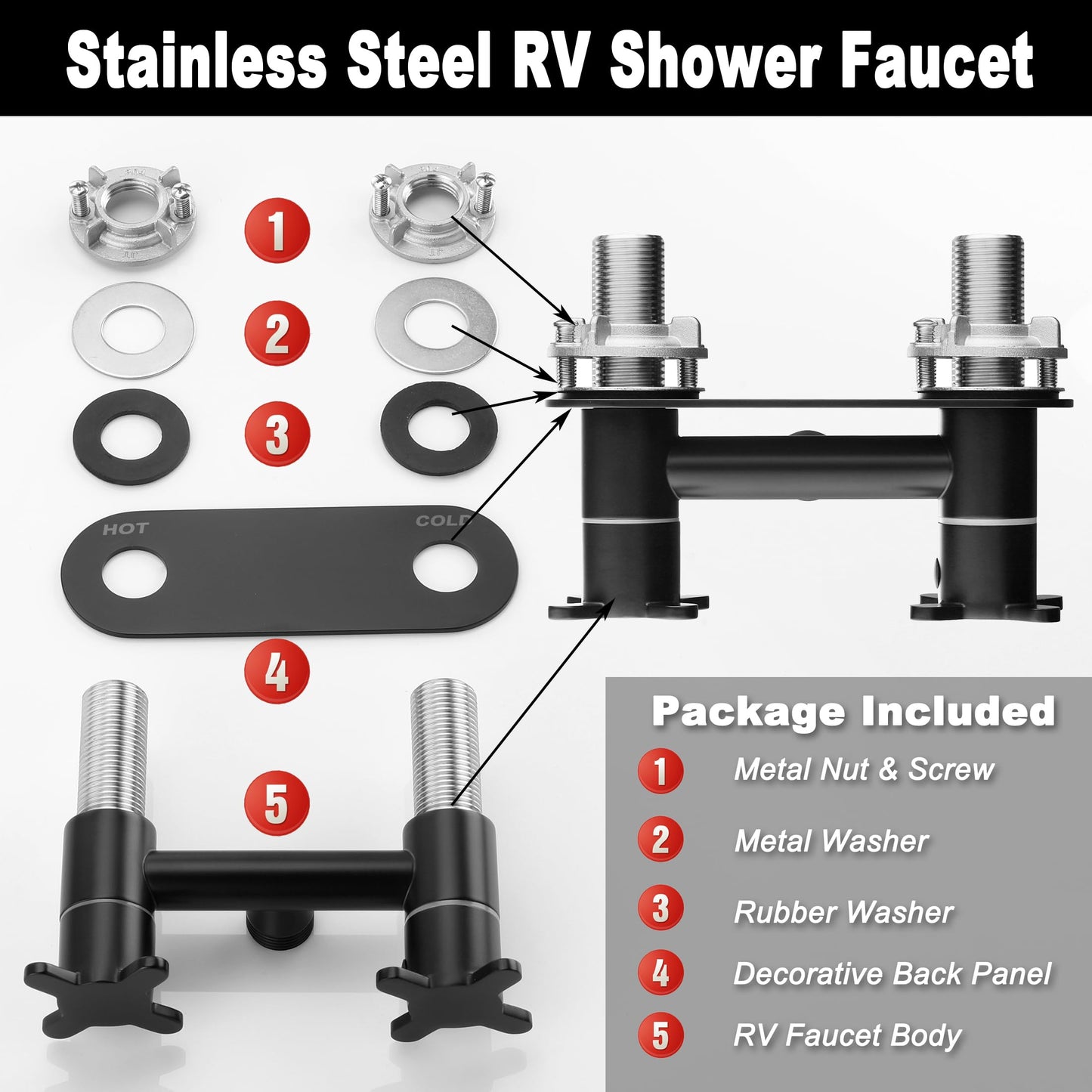 Senhozi All Metal RV Shower Faucet Matte Black, Stainless Steel Camper Replacement, 4 Inch for Indoor and Outdoor Shower