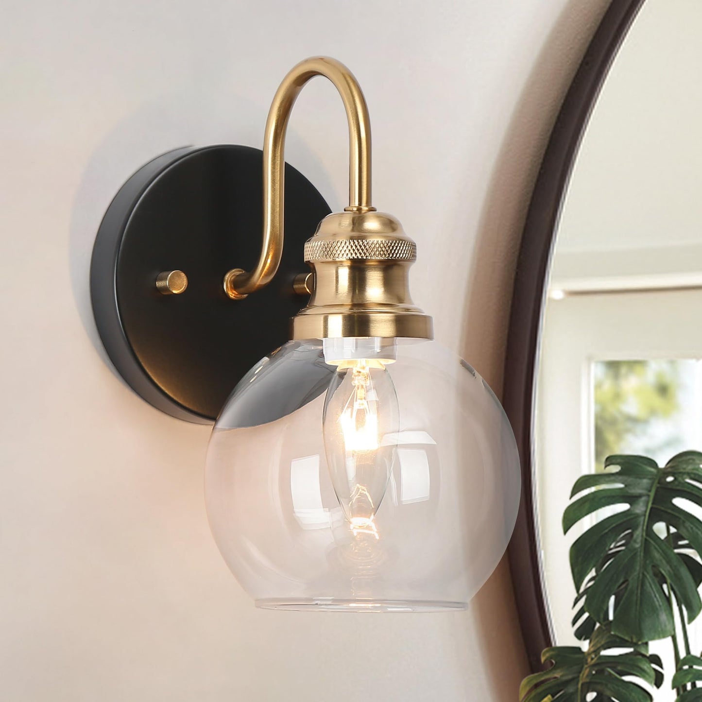 KSANA Black Gold Sconce, Modern Globe Wall Sconces Lighting with Clear Glass Shade, 1-Light Brass Wall Mounted Light Fixture for Bathroom, Kitchen, Bedroom and Stairway