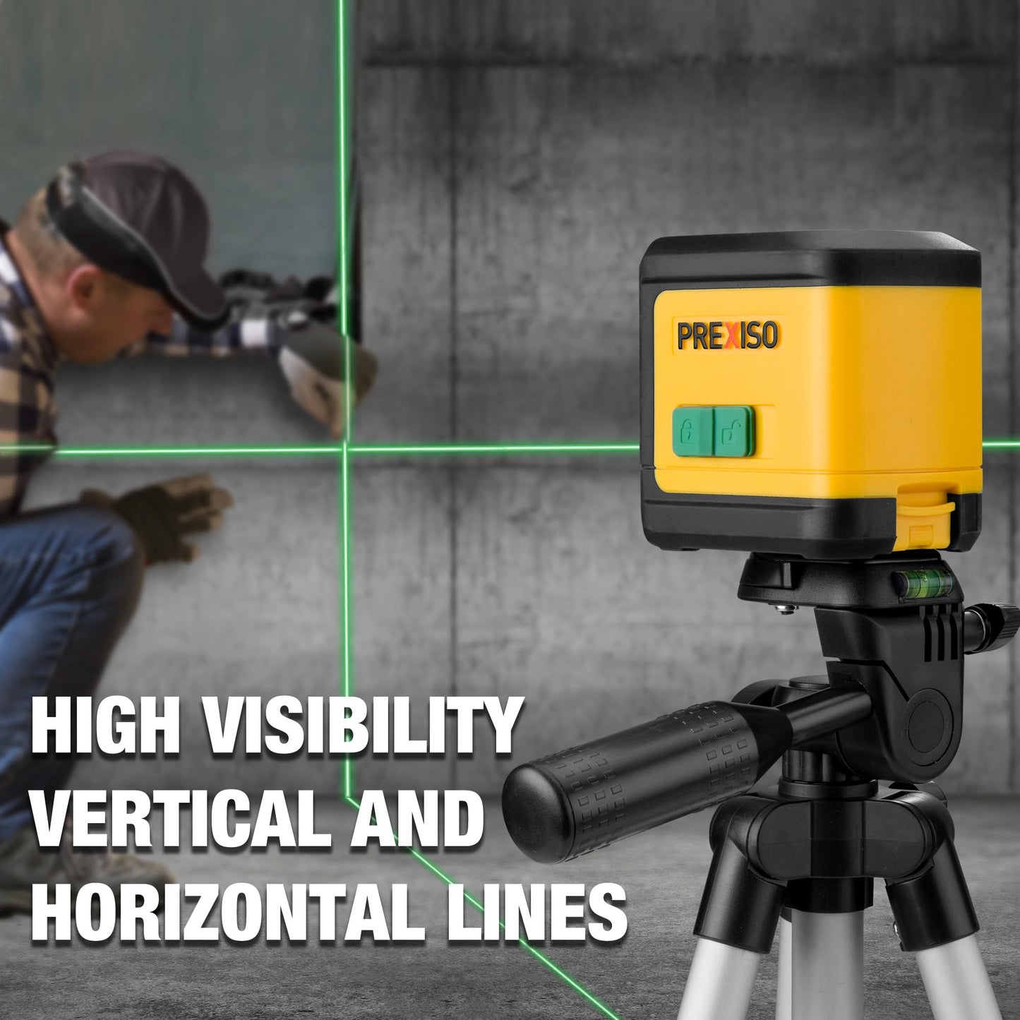 PREXISO Laser Level with Tripod, 100Ft Dual Modules Self Leveling Cross Line Laser Level, Green Line leveler Tool for Floor Tile, Home Renovation, Construction with 31-1/2in Tripod, 2 AA Batteries