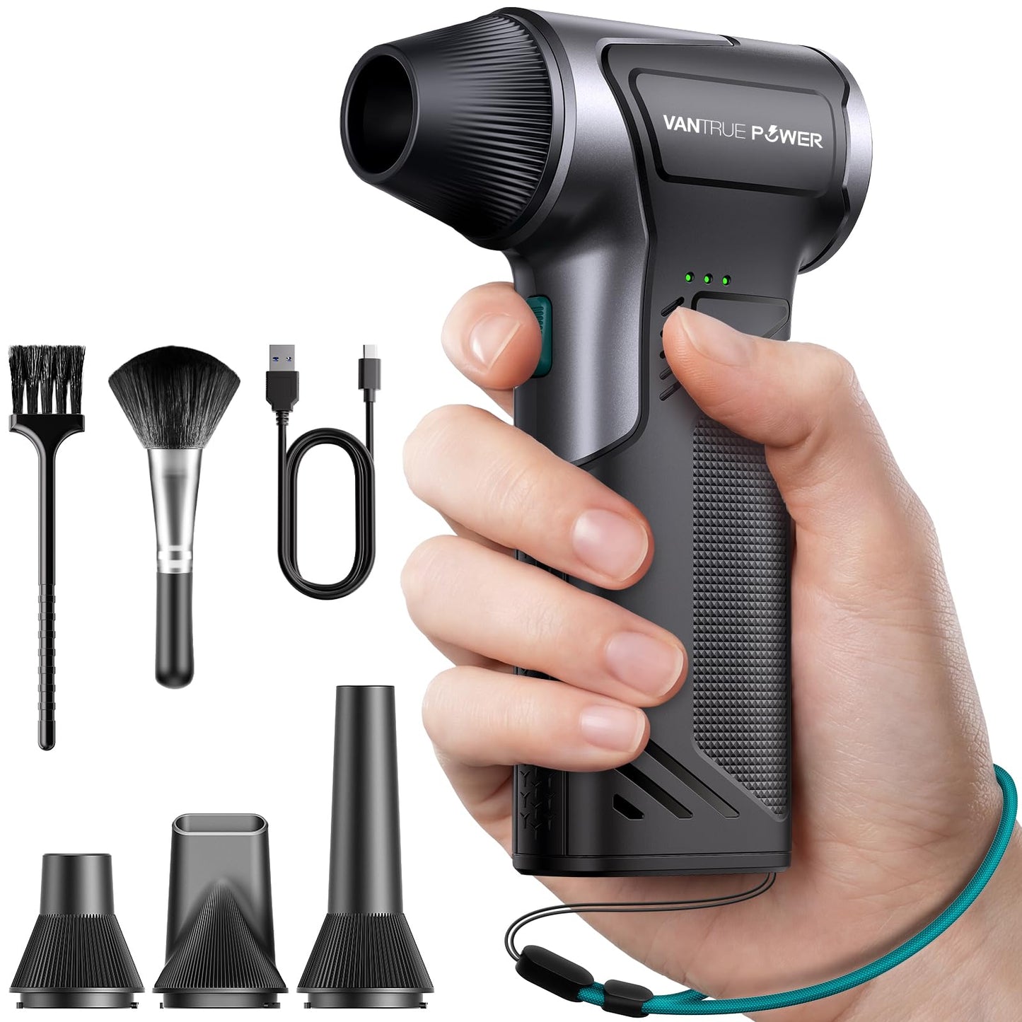 VANTRUE POWER T150 Compressed Air Duster, Mini Hand Blower 110000RPM, 3-Gear Handheld Cordless Blower with Fast Charging, Portable Electric Air Blower for PC, Car, Outdoor, Keyboard