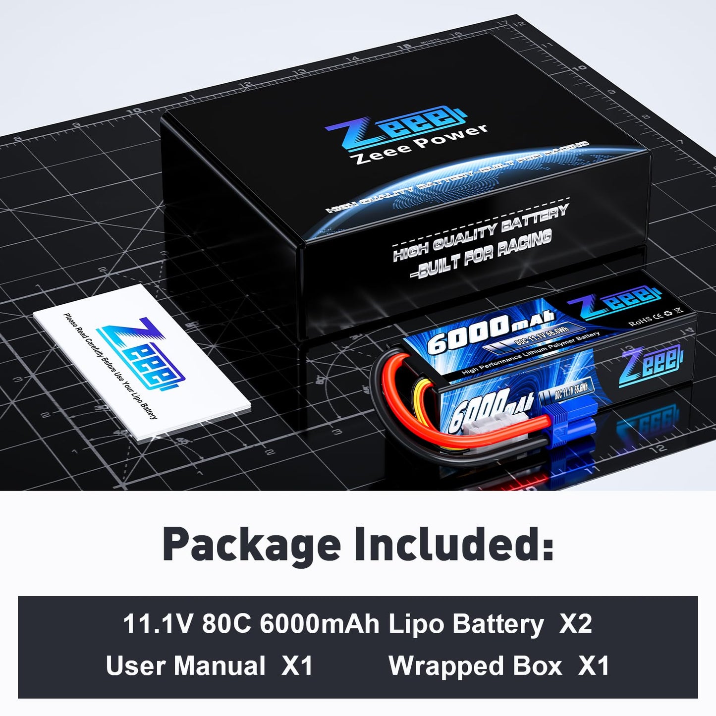 Zeee 11.1V 80C 3S 6000mAh Lipo Battery Hard Case Battery with EC5 Connector for RC 1/8 1/10 Scale Vehicles Car Trucks Boats(2 Pack)