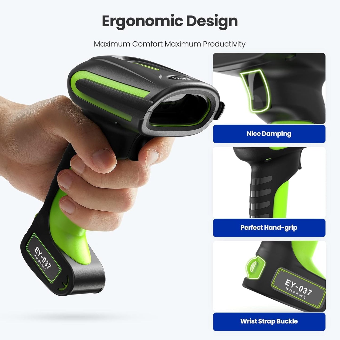 Eyoyo 2D QR Industrial Barcode Scanner with Wireless Charging Stand, Rugged Heavy Duty & IP65 Waterproof 3-in-1 Bluetooth & Wireless & USB Hands-Free Barcode Reader for Laptop Desktop Tablet Android