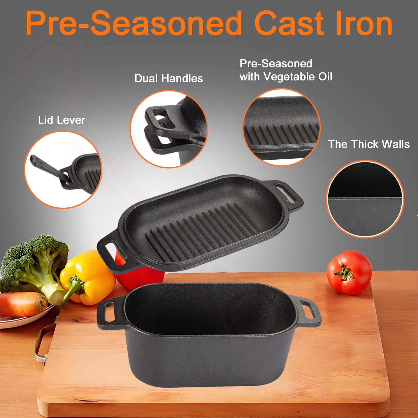 OLLAKOK 2-in-1 Pre-Seasoned Cast Iron Dutch Oven Pot with Lid as Skillet, Grill Pan, with Lid Lever, Dual Loop Handles, Oval Heavy Dutch Oven for Bread Baking, Frying, Camping, BBQ, 3.8 QT Black