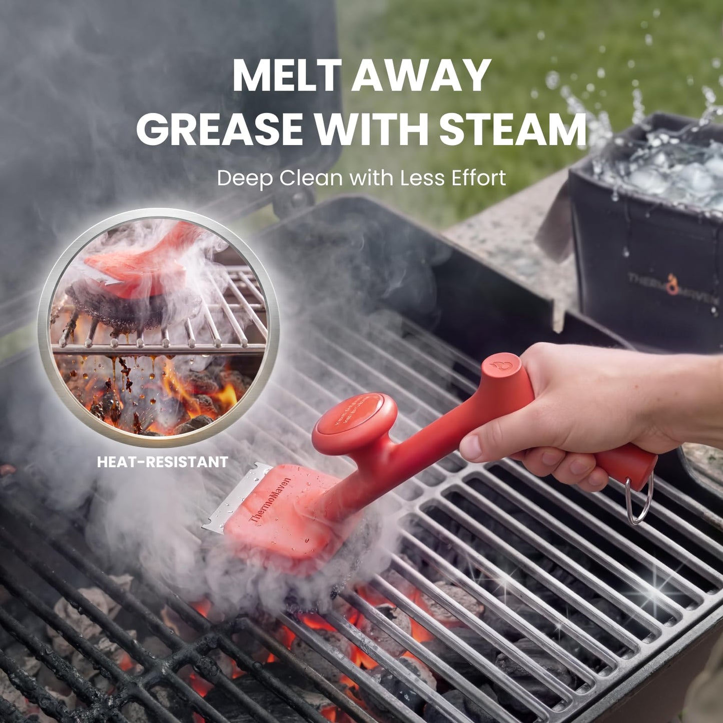 ThermoMaven BBQ Grill Brush Bristle Free - 17" Safe Steam Grill Cleaner Brush with Scraper and 5 Brush Heads for Porcelain/Gas/Charcoal Grill Outdoor Grill Barbecue Cleaner