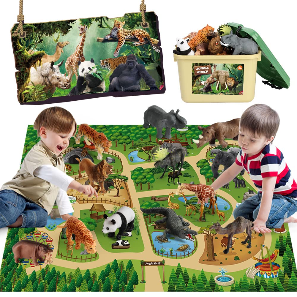 Mini Tudou 12 Pieces Safari Animal Figures with Large Play Mat 57" x 38.6" Realistic Wild Zoo Animals Game with Elephant, Giraffe, Lion for Boys and Girls