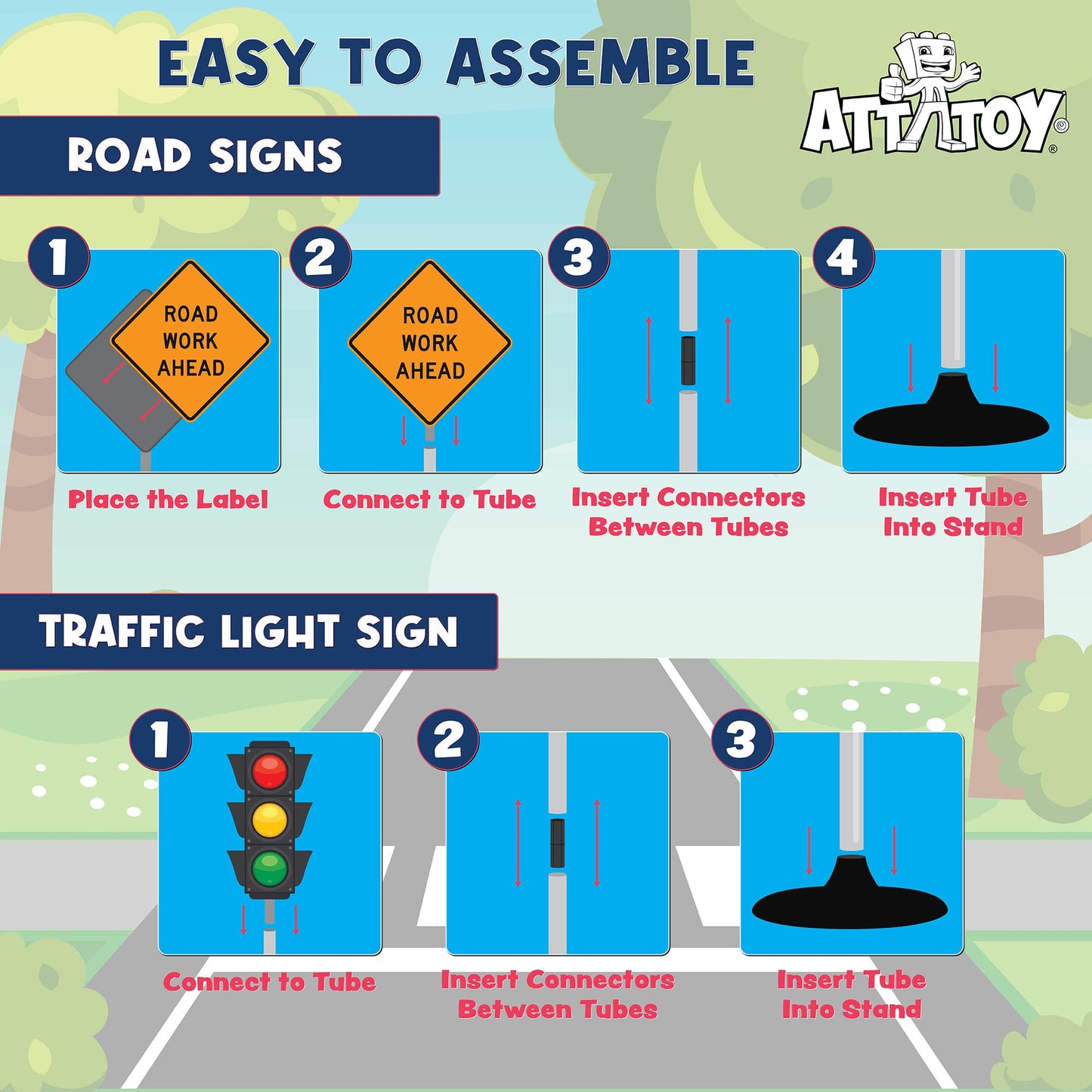Attatoy Large Traffic Signs Playset (32pc Set), 42in Tall Street Sign and Traffic Light Set for Play with Ride-On Cars and Vehicles