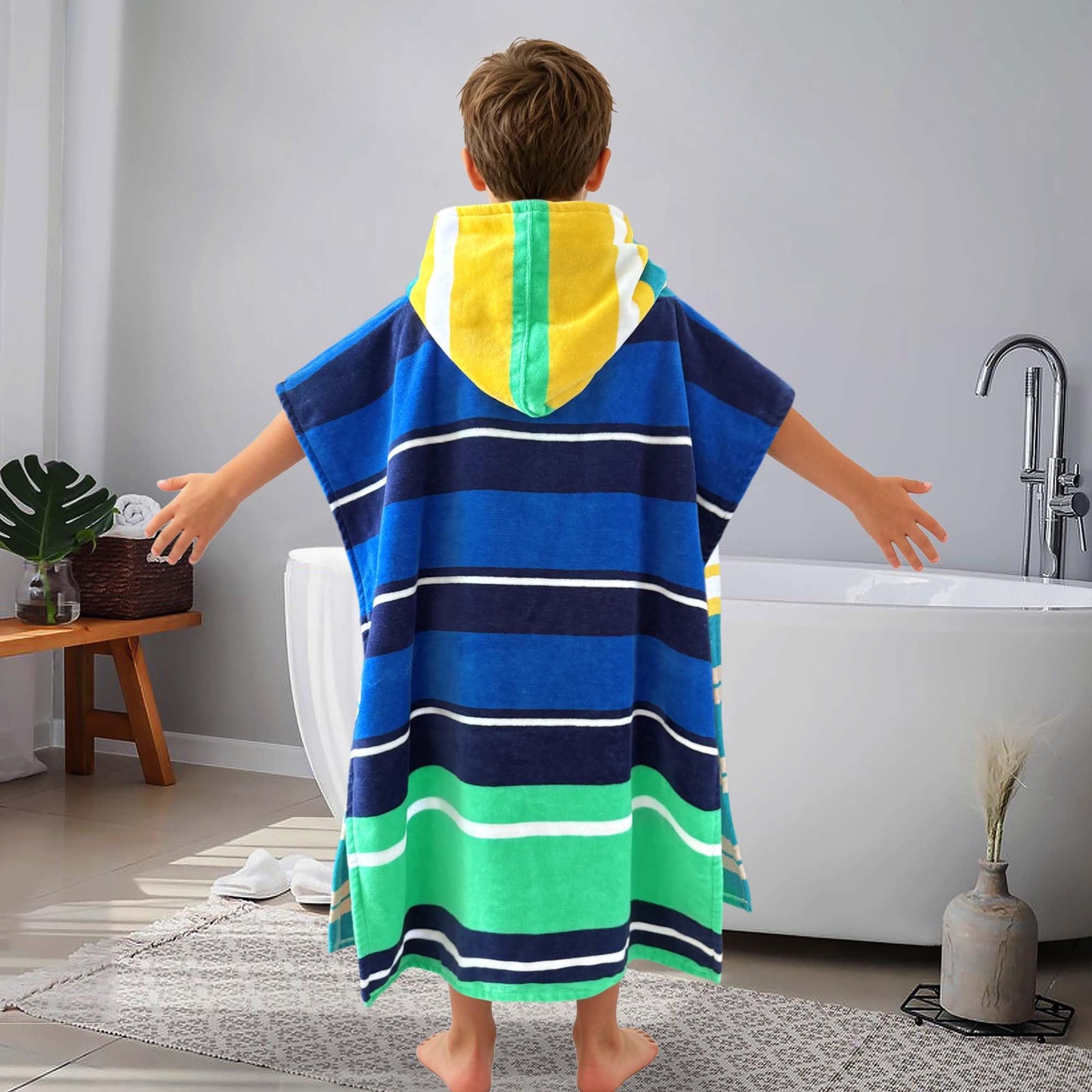 VOOVA & MOVAS Hooded Poncho Towels for Big Kids, Oversized (6-10Years,25"X61") Made from 100% Soft Cotton,Absorbent Bathrobe for Boys,Perfect for Pool| Swimming | Bathing | Beach, Blue Stripe