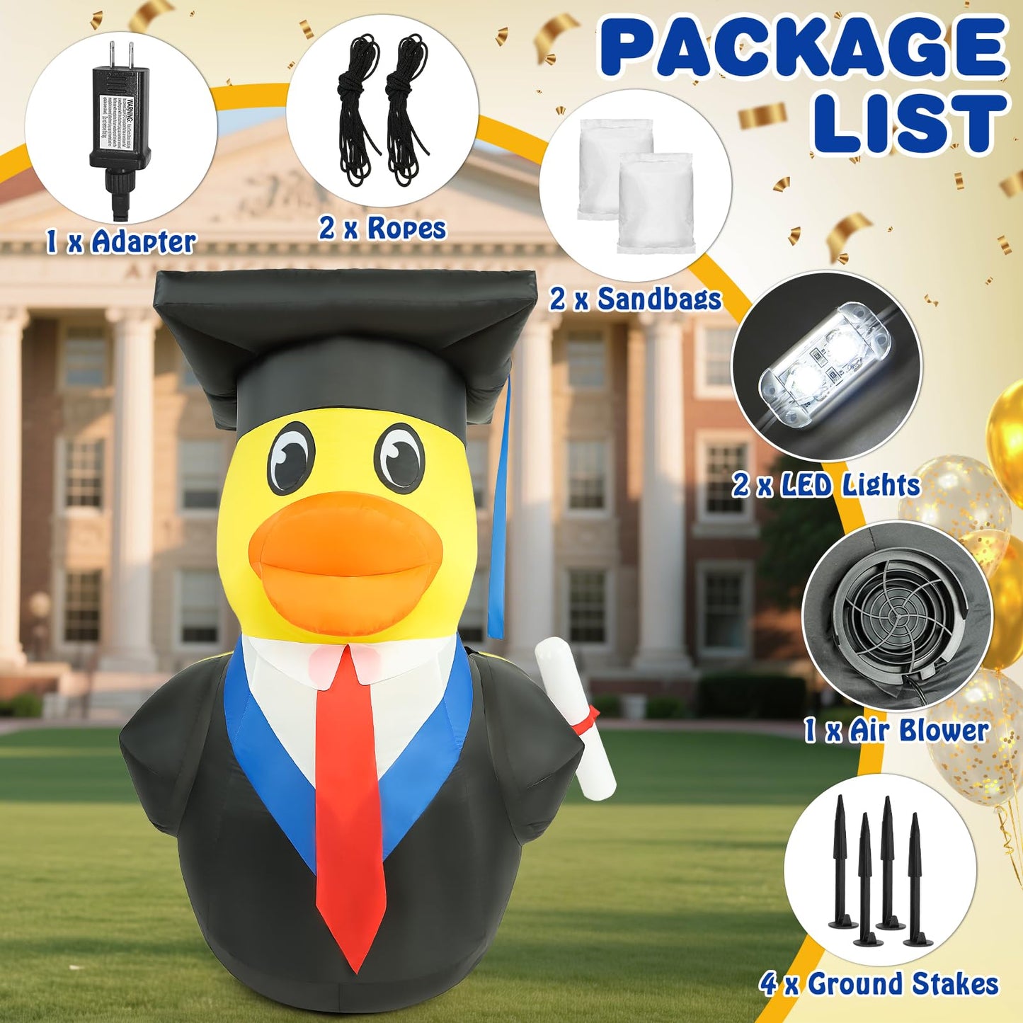 Watato Inflatable 2026 Graduation Decorations 5FT Cute Duck Blow Ups with LED Lights Yard Sign for Congrats Grad Party Outdoor Holiday Event Decor Primary Middle High School College University
