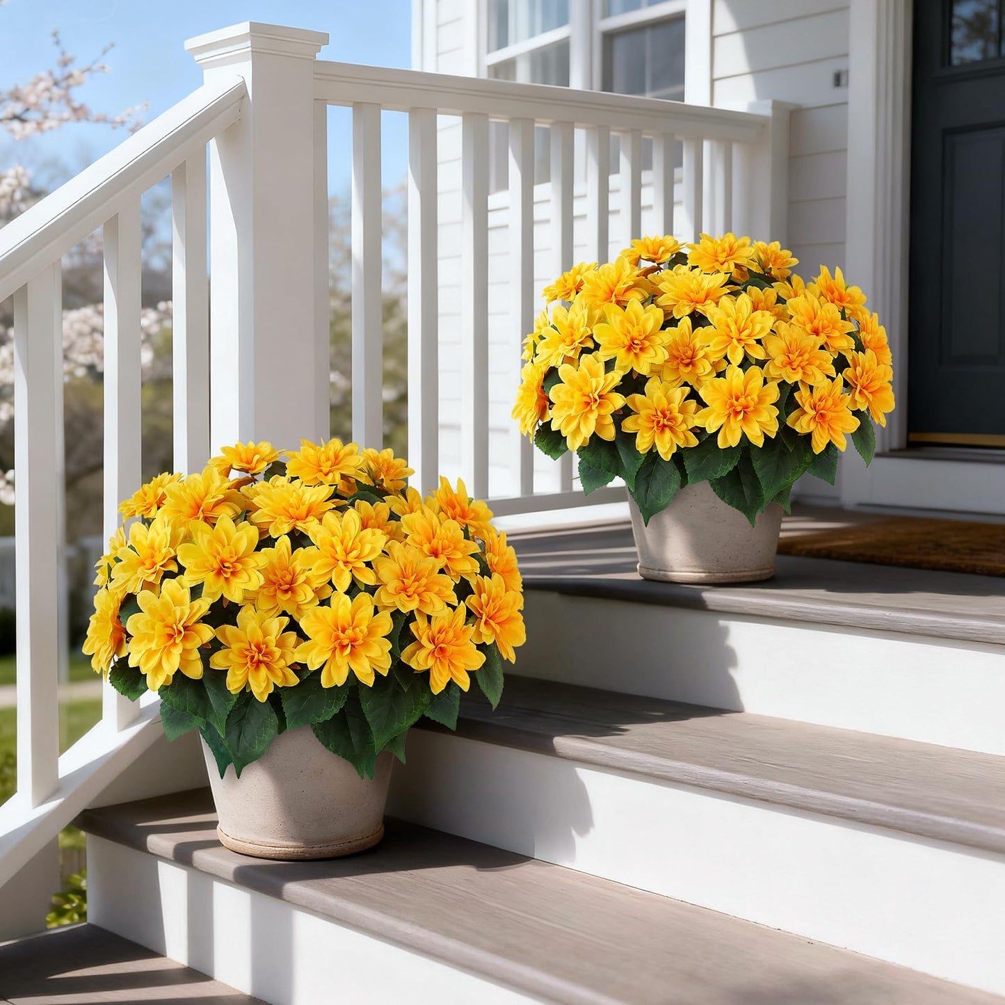 2 Set of Artificial Dahlia Topiary Ball Trees - Fake Silk Dahlia Flower Bushes, UV Resistant Faux Floral Shrub Potted for Front Door Porch Farmhouse Wedding Outdoor Decor (Yellow)