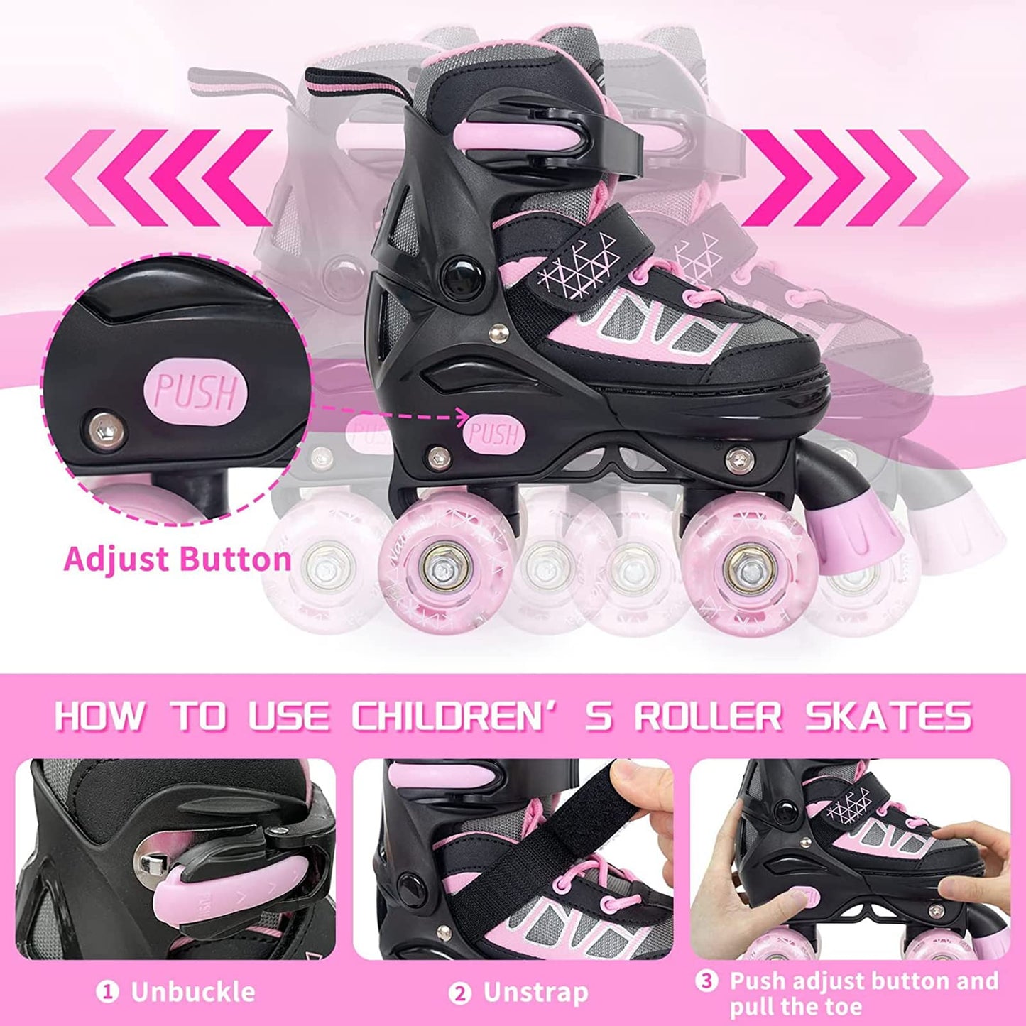 MammyGol Roller Skates for Kids Boys Girls, Adjustable Quad Skates with Light Up Wheels for Toddler Big Kids Ages 6-12 Size 3 4 5 6, Beginners Outdoor Sports, Pink