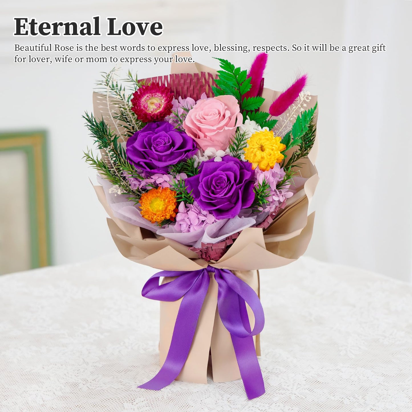 Flomoon Forever Flowers Gifts for Her, Preserved Flowers Bouquet Birthday Gifts for Women, Preserved Roses for Grandma Wife Anniversary Valentine's Day Mother's Day (Purple Paper)