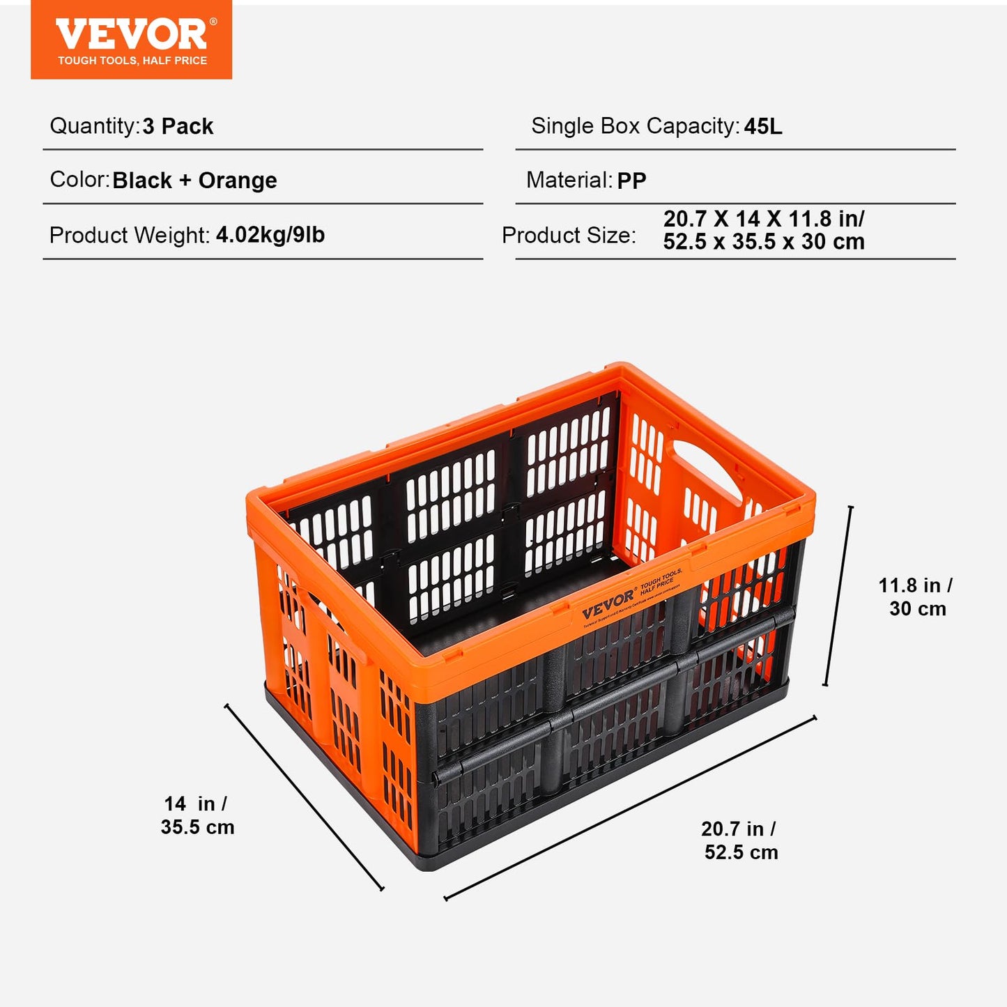 VEVOR 45L Collapsible Milk Crates 3 Packs, Stackable Storage Baskets with Handles, Folding Storage Containers for Organizing Tools, Books, Food, Drinks, Camping & Transport