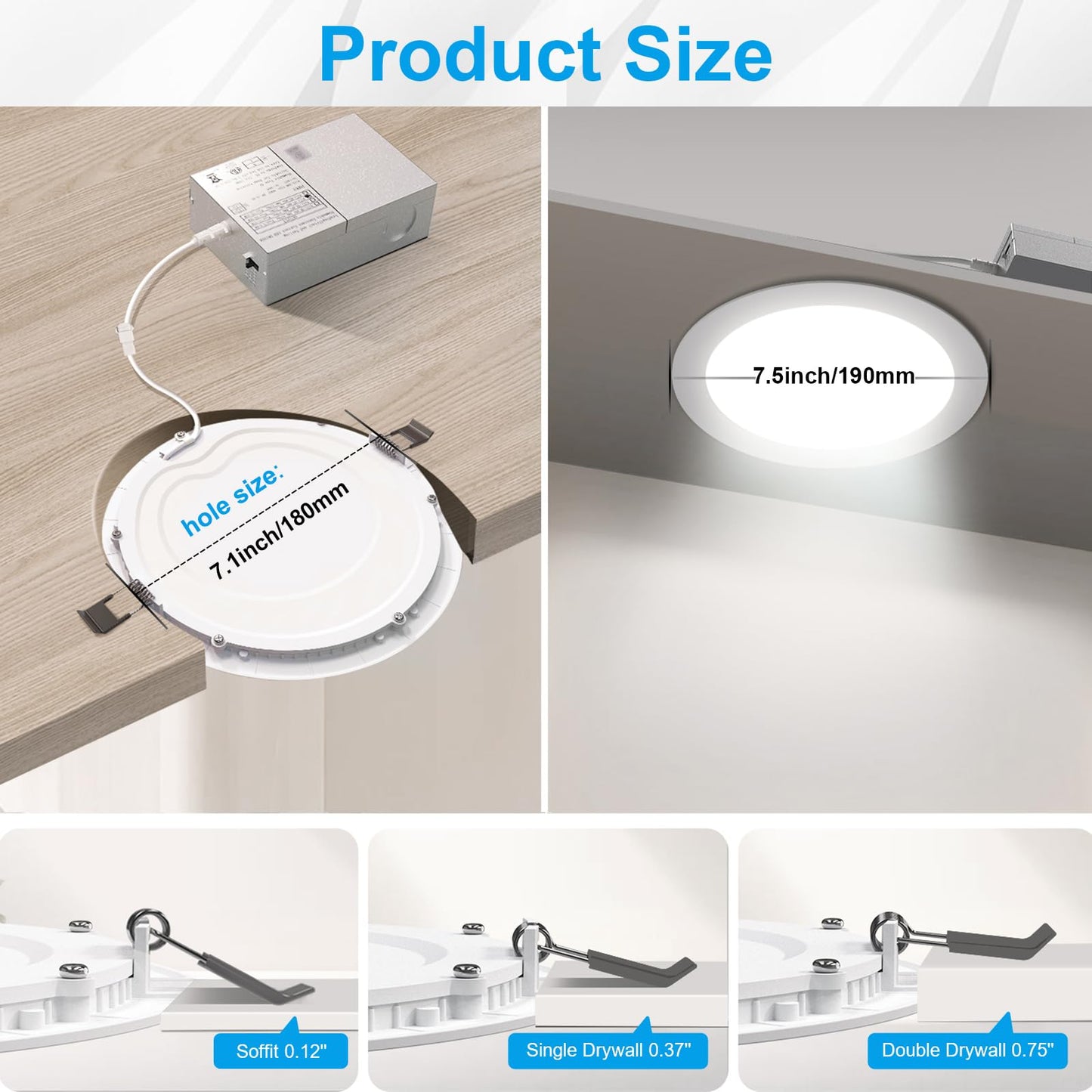 Elaruslux 6 Pack 7 Inch 3CCT Ultra-Thin LED Recessed Light with Junction Box, 3000K/4500K/6000K Selectable, 18W Eqv 125W, Dimmable Ceiling Lights 1600LM Brightness Canless Wafer Downlight