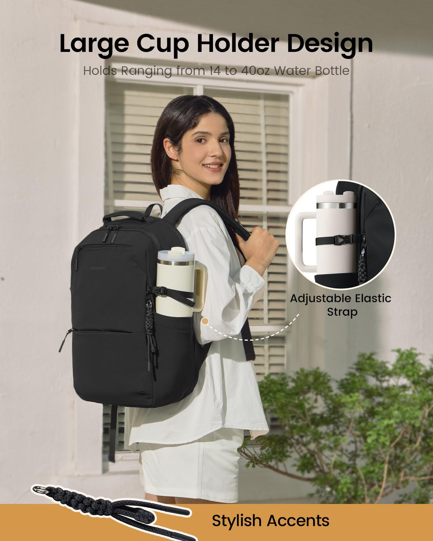 LOVEVOOK Laptop Backpack for Women Men with Giant Tumbler Holder - 15.6Inch Work Computer Travel Backpack with Laptop Compartment, Water Resistant, Cute Commuter College Teacher Nurse Purse Bag,Black