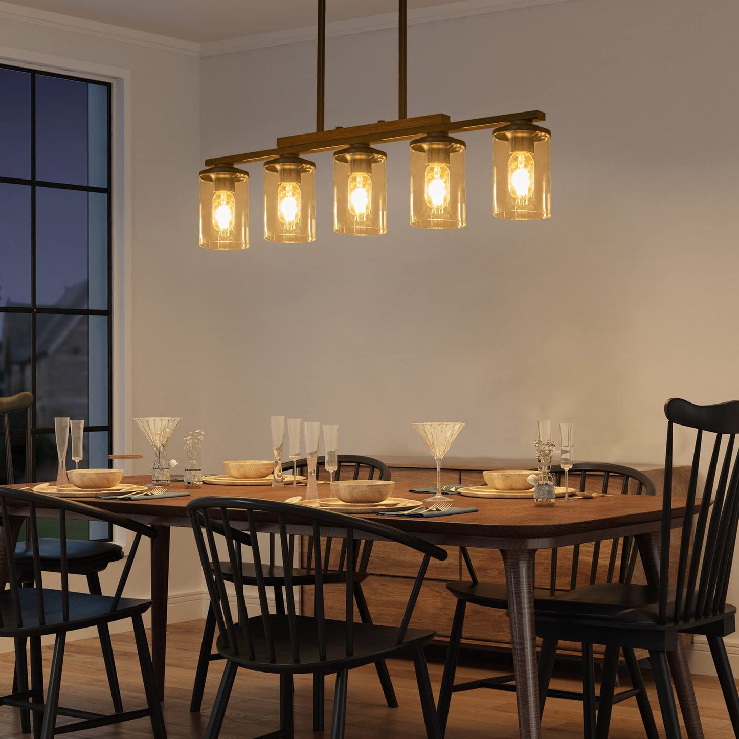 2025 Upgraded Kitchen Island Lighting, 5-Light Dining Room Light Fixtures Over Table Kitchen Island Lights with Rustic Wood Frame Farmhouse Chandelier for Dining Room, 32.4" Black Clear Glass Shades