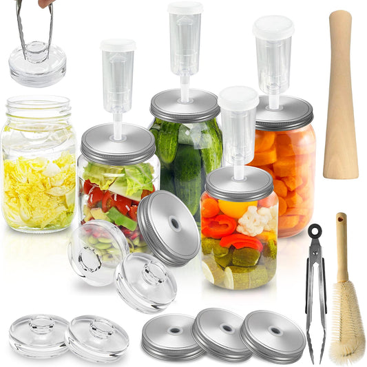 Fermentation Kit for Wide Mouth Mason Jars-4 Stainless Steel Fermentation Lids,4 Glass Fermentation Weights,1 Silicone Tong,1 sauerkraut pound, 1Wooden Handle Brush Cleaner（ Jars Not Included ）