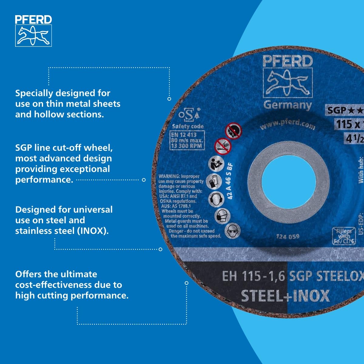 PFERD Depressed Centre Cut-Off Wheel - Type 27, Aluminum Oxide A, 4-1/2" Diameter x .045" Thickness, 7/8" Bore, 13300 Max RPM - High-Performance Cutting Discs (25 Pack) - Part 63172