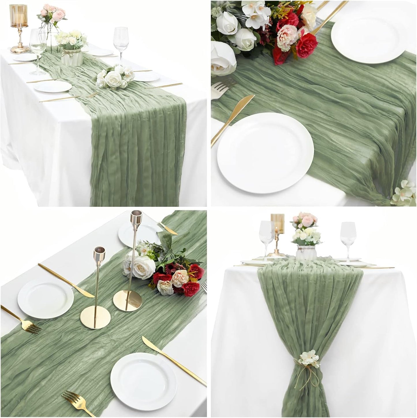 16 Pack Sage Green Cheesecloth Table Runner 10FT Boho Gauze Cheese Cloth Table Runner Long Rustic Sheer Table Runners for Wedding Bridal Baby Shower Birthday Party Table Decorations