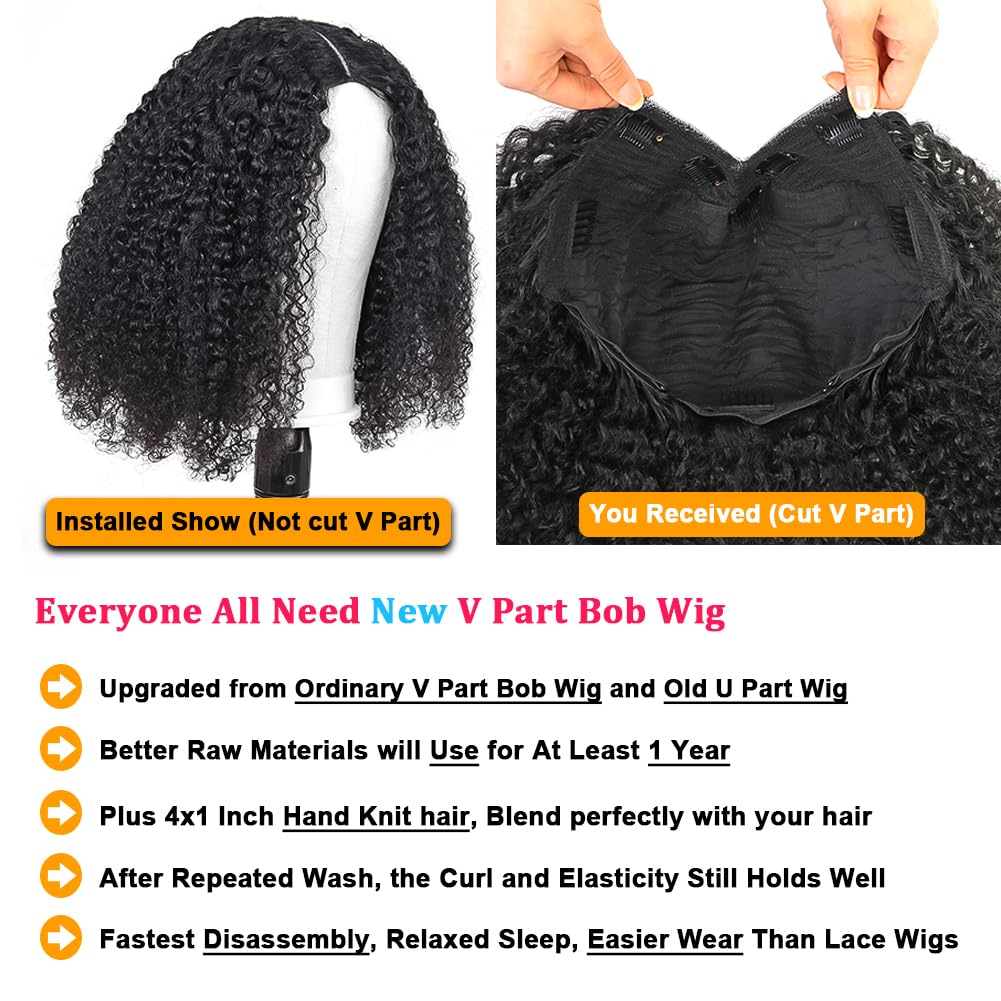 RAGMZZE v part wig human hair kinky curly upgrade u part glueless wigs human hair pre plucked pre cut for black women 180% density 4x4x1 inch middle net clip in half wig natural black 14 inch