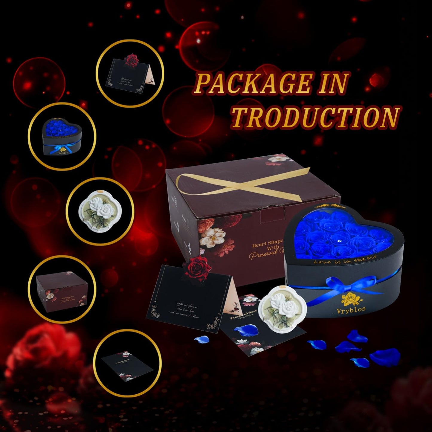 Vryblos Forever Blue Roses in a Box Heart Shaped 16 Preserved Flowers for Delivery Grade A Quality 100% Real Immortal Flower Eternal Birthday for Her Mom Women Wife Girlfriends (Heart-Blue)