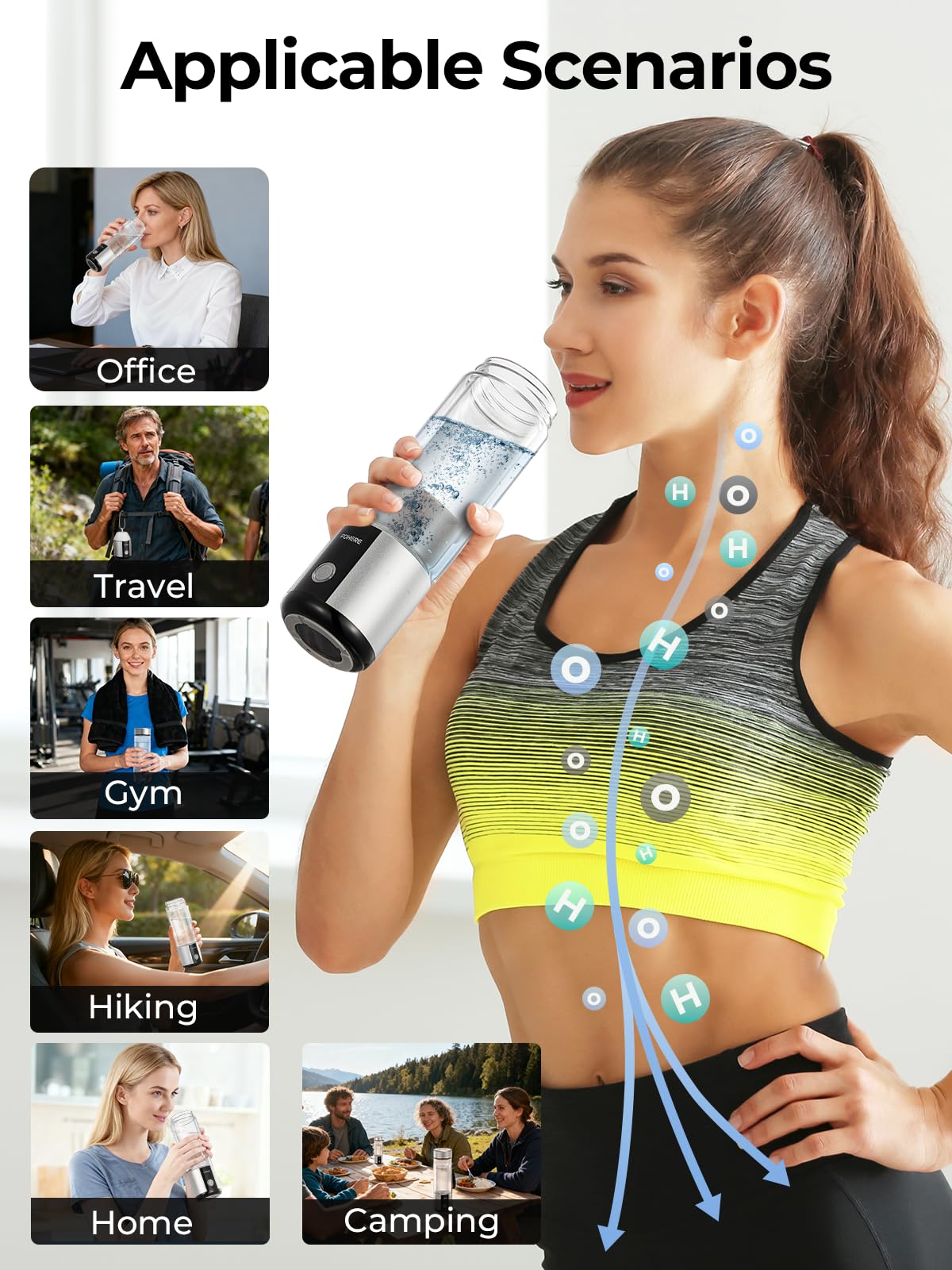 Hydrogen Water Bottle Generator 【Hang & Go Portable】| Hydroh Hydrogen Water Bottle with SPE/PEM Technology, Leak-Proof Seal, Water Ionizer Machine for Home, Hike, Sports, Travel, Office